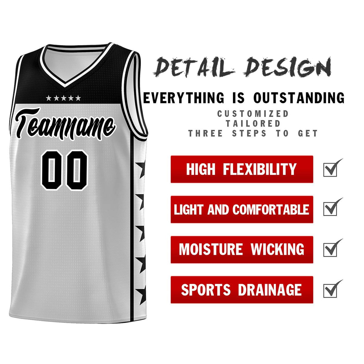 Custom Gray Black Personalized Star Pattern Sports Uniform Basketball Jersey