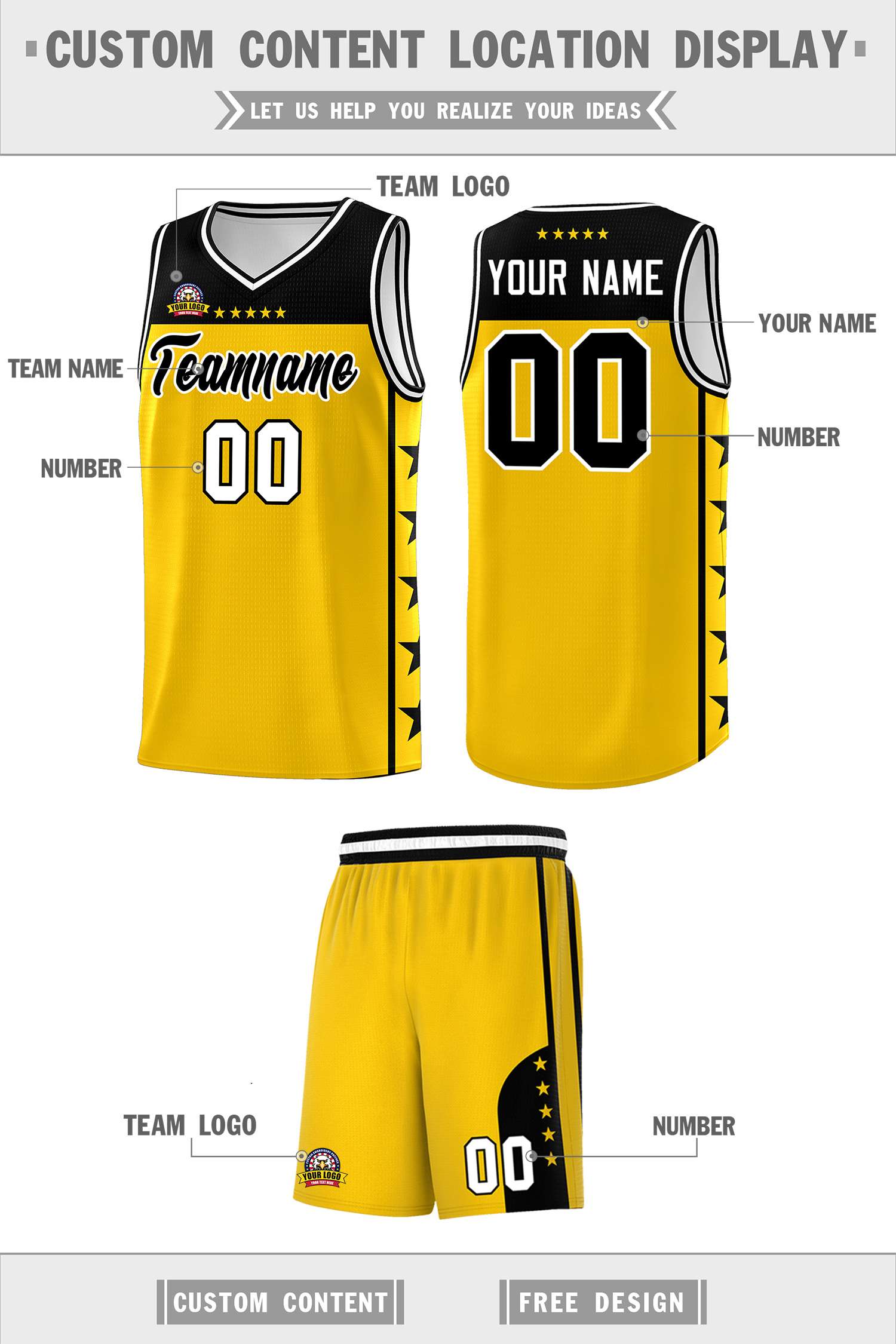 Custom Gold Black Personalized Star Pattern Sports Uniform Basketball Jersey