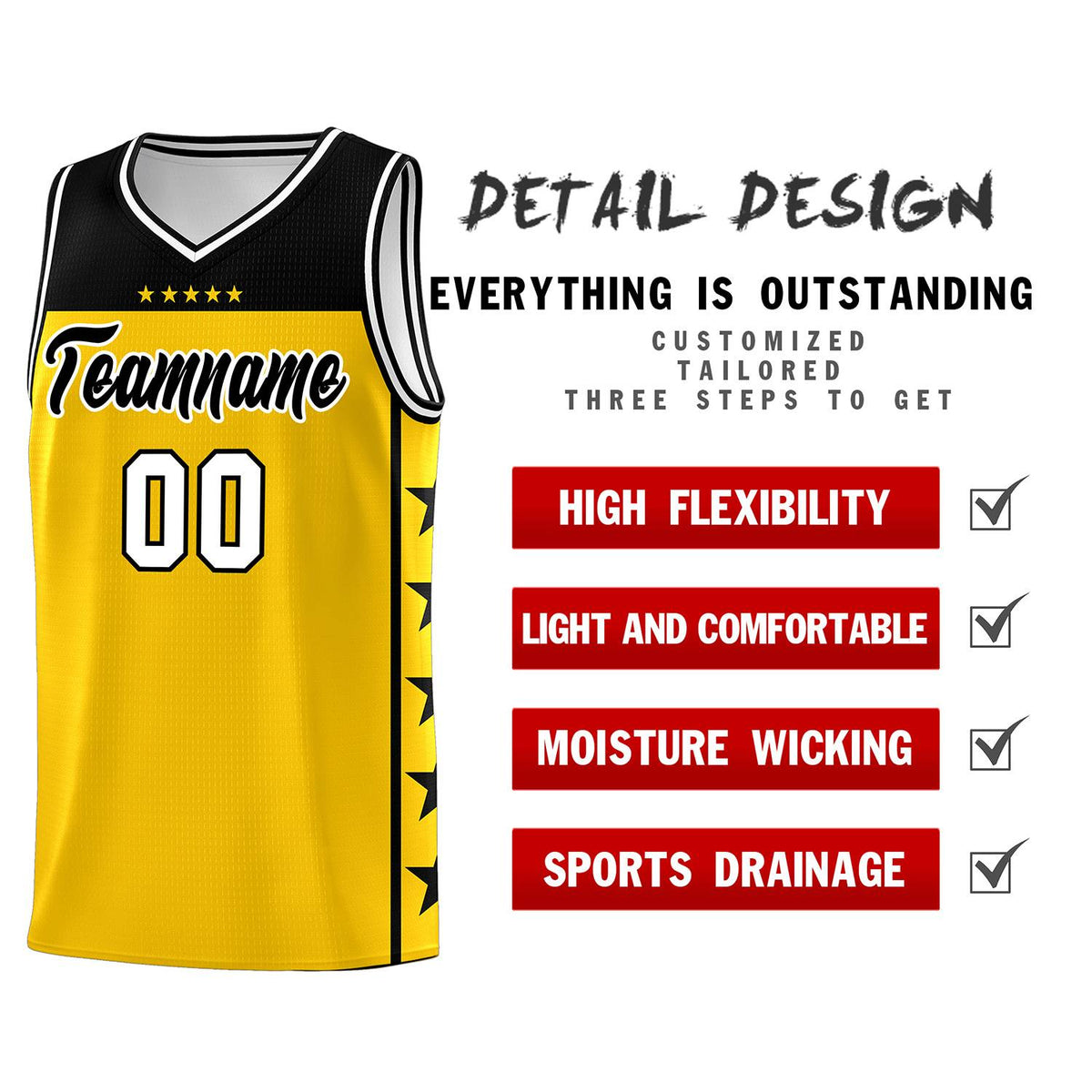 Custom Gold Black Personalized Star Pattern Sports Uniform Basketball Jersey