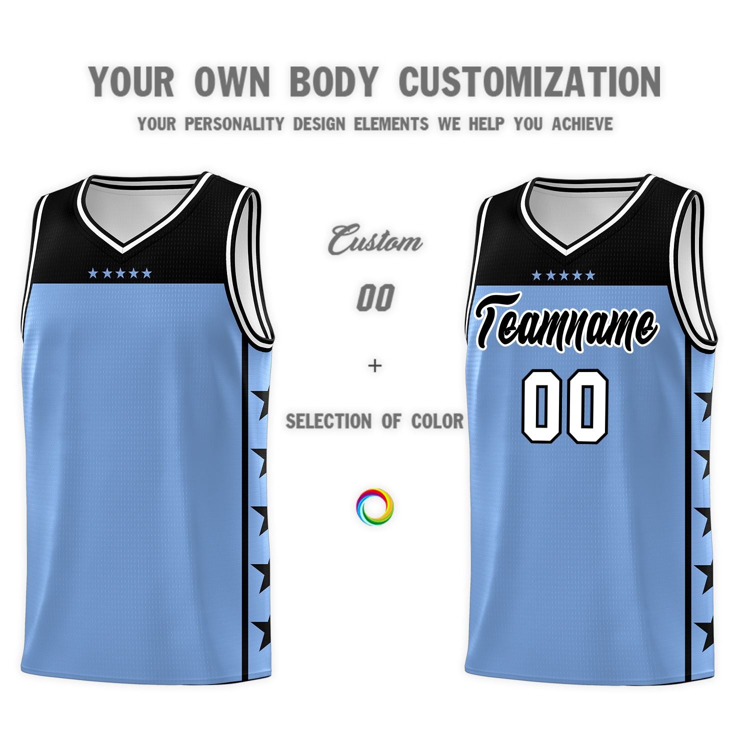 Custom Light Blue Black Personalized Star Pattern Sports Uniform Basketball Jersey