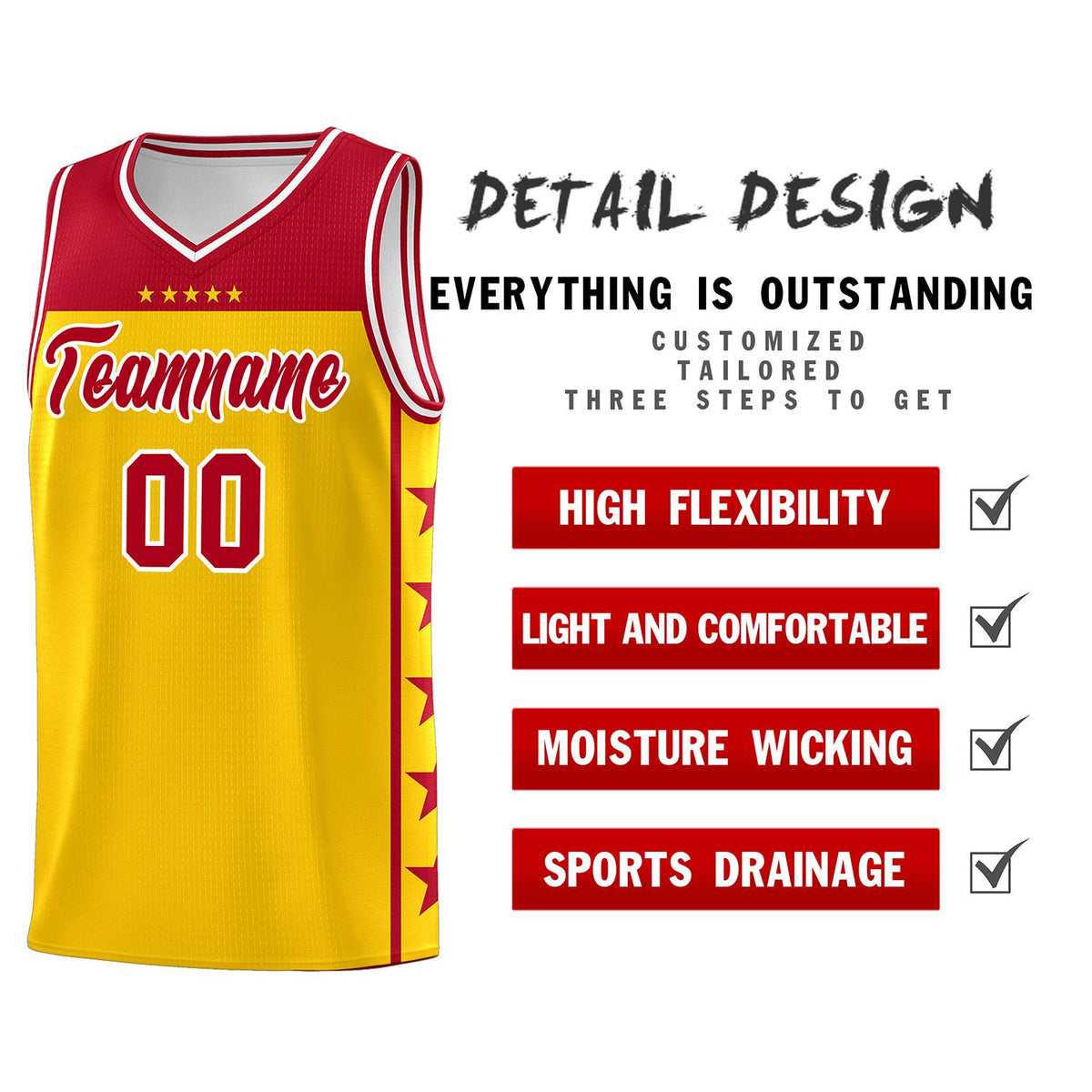 Custom Gold Red Personalized Star Pattern Sports Uniform Basketball Jersey