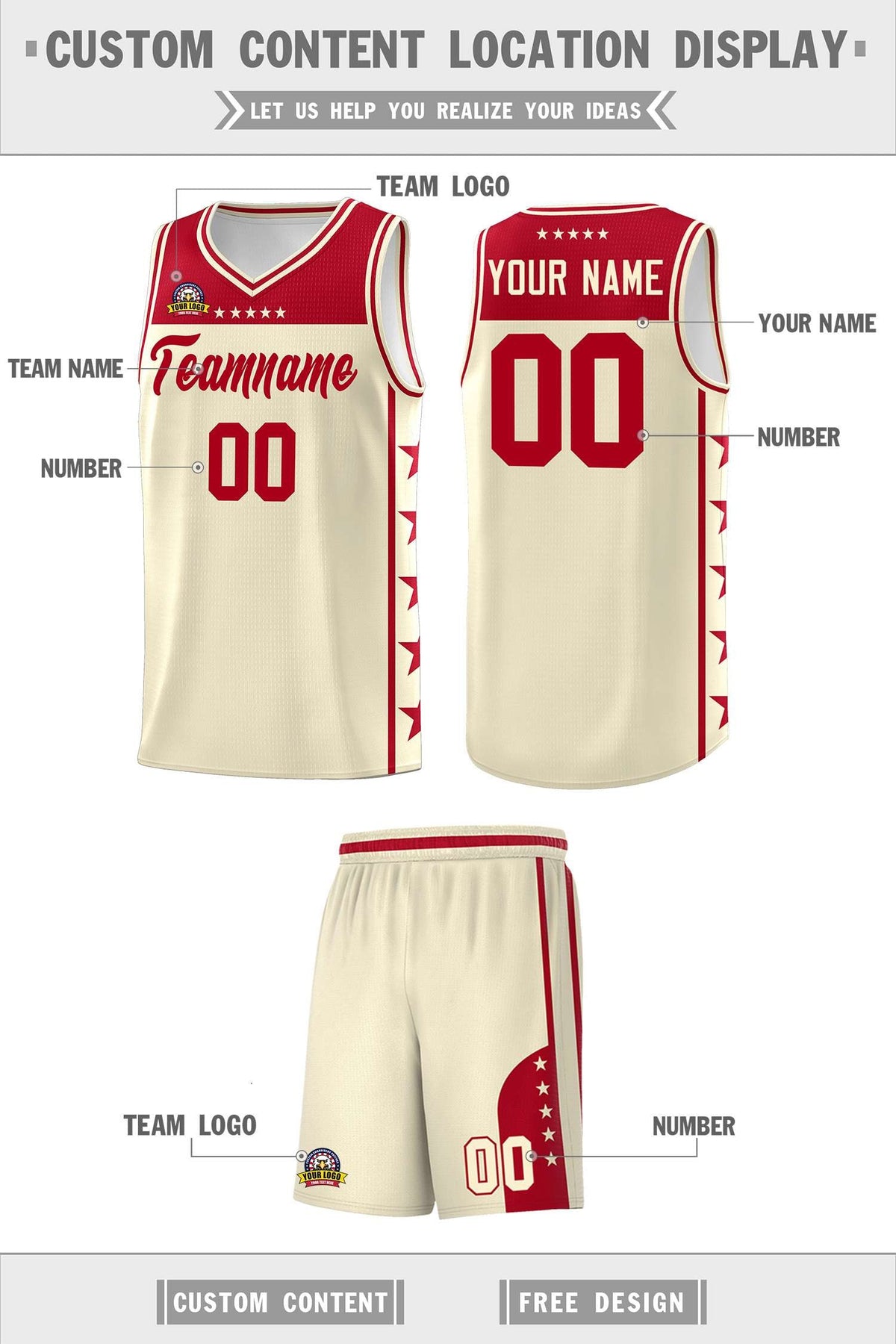 Custom Cream Red Personalized Star Pattern Sports Uniform Basketball Jersey