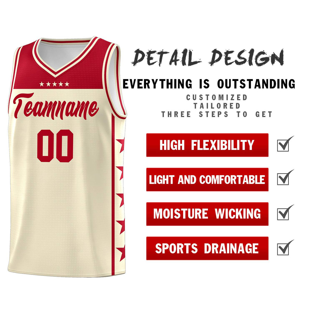 Custom Cream Red Personalized Star Pattern Sports Uniform Basketball Jersey