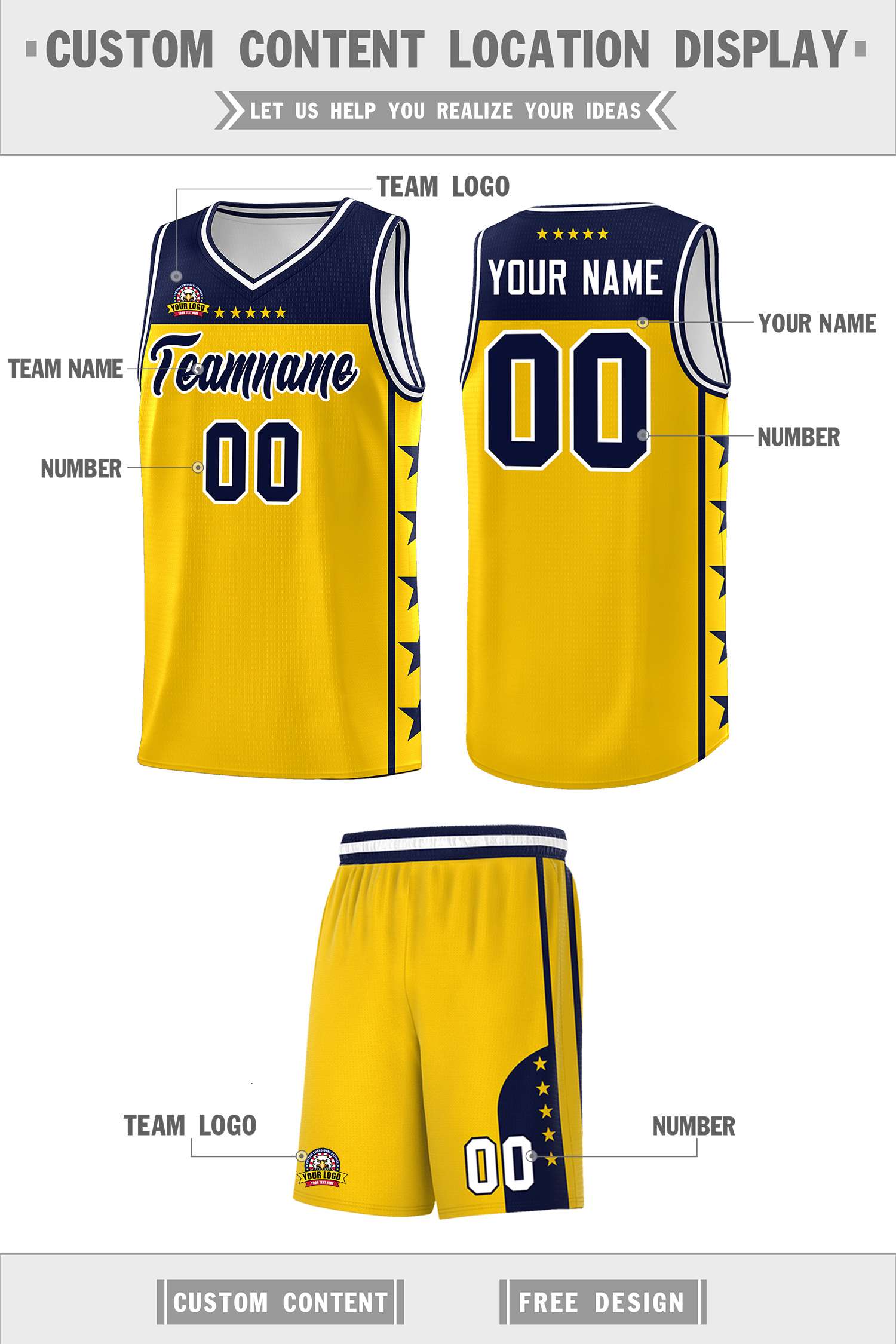 Custom Gold Navy Personalized Star Pattern Sports Uniform Basketball Jersey