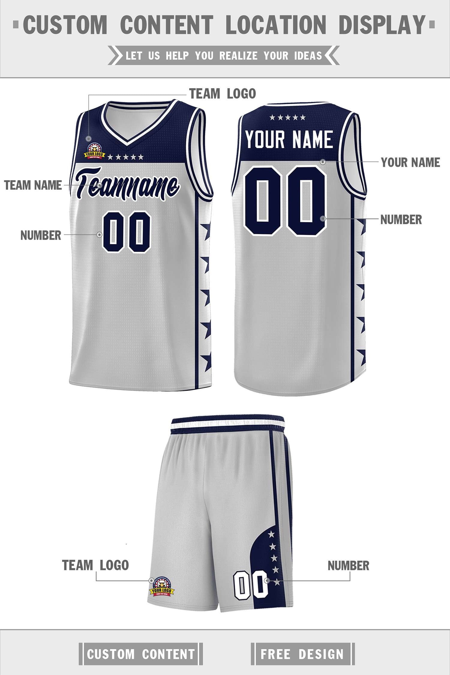 Custom Gray Navy Personalized Star Pattern Sports Uniform Basketball Jersey