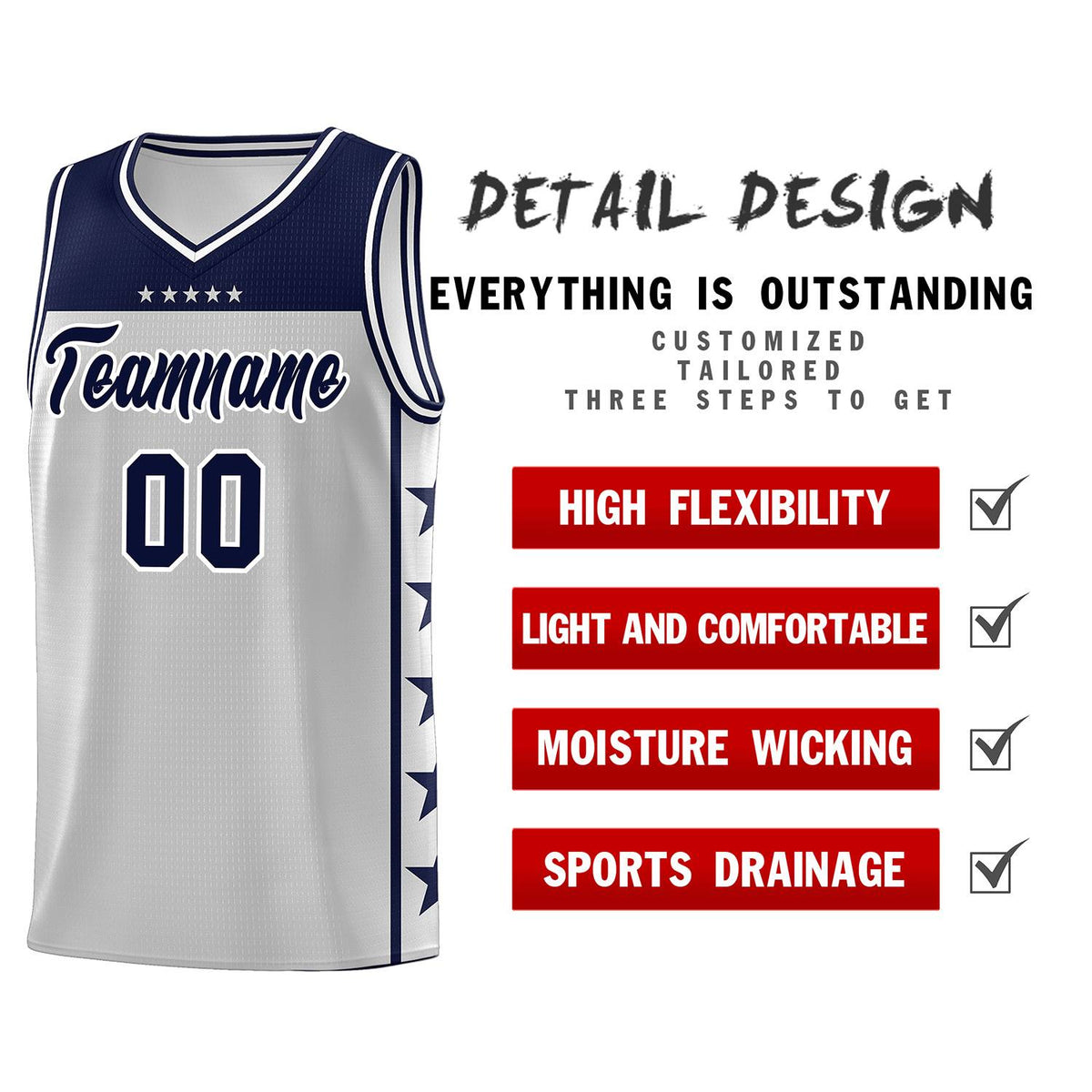 Custom Gray Navy Personalized Star Pattern Sports Uniform Basketball Jersey