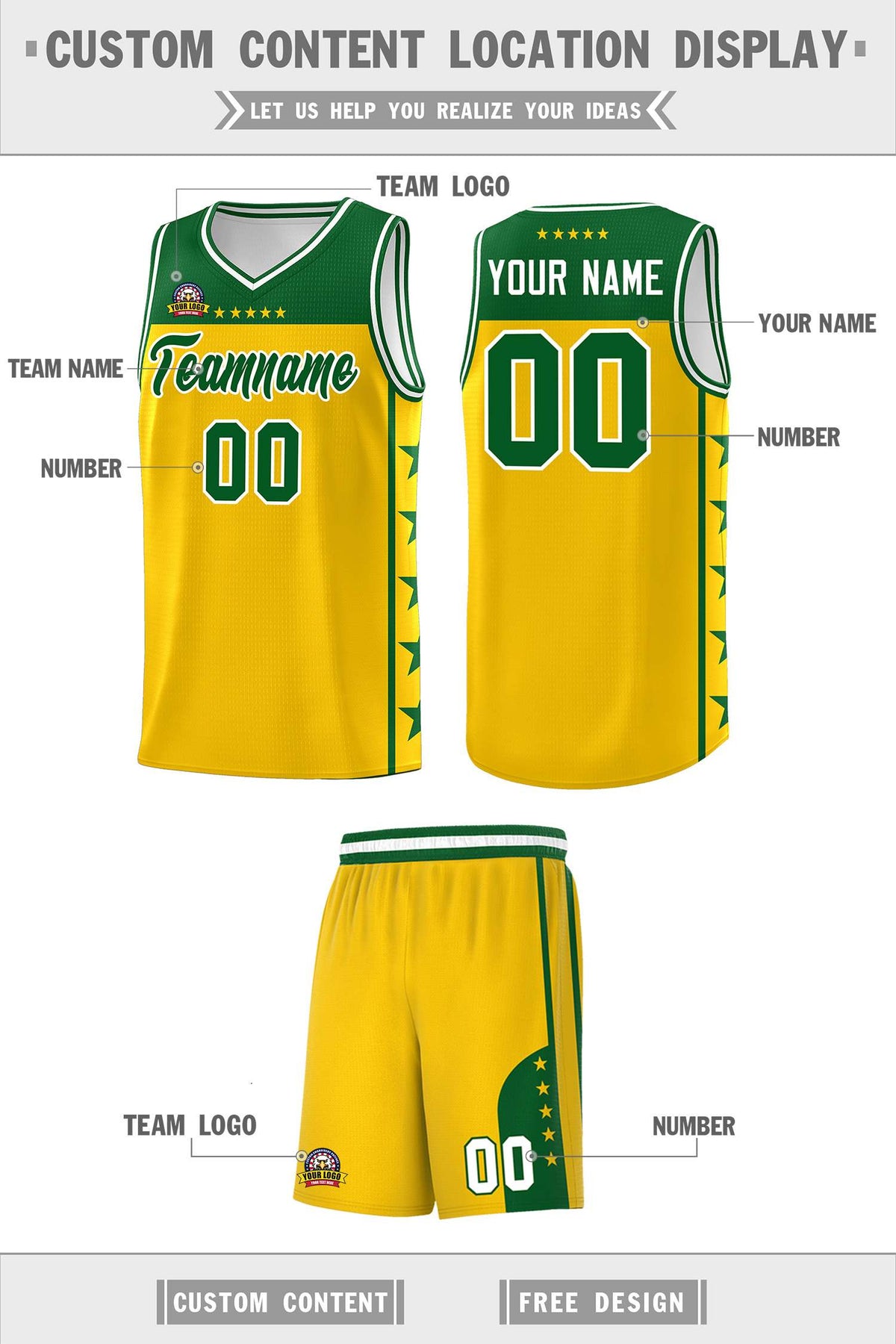 Custom Gold Kelly Green Personalized Star Pattern Sports Uniform Basketball Jersey