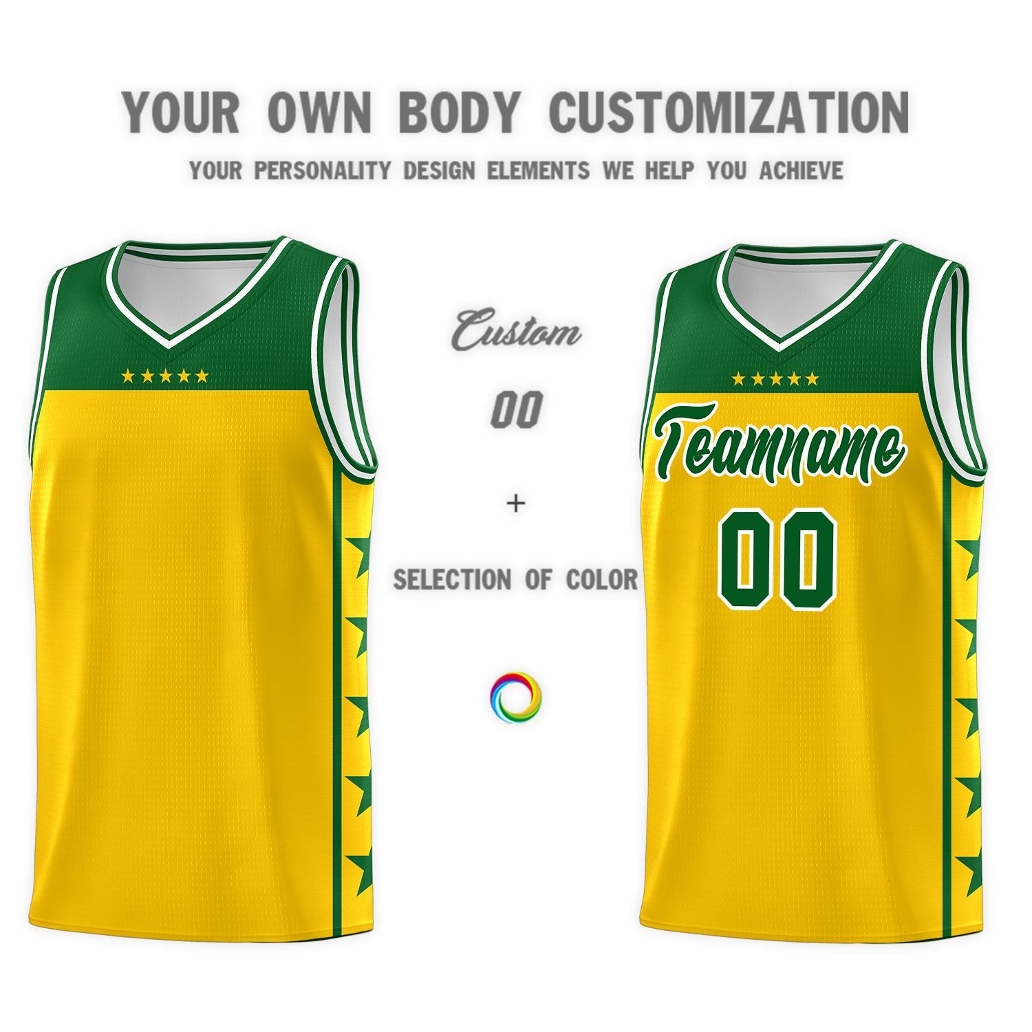 Custom Gold Kelly Green Personalized Star Pattern Sports Uniform Basketball Jersey