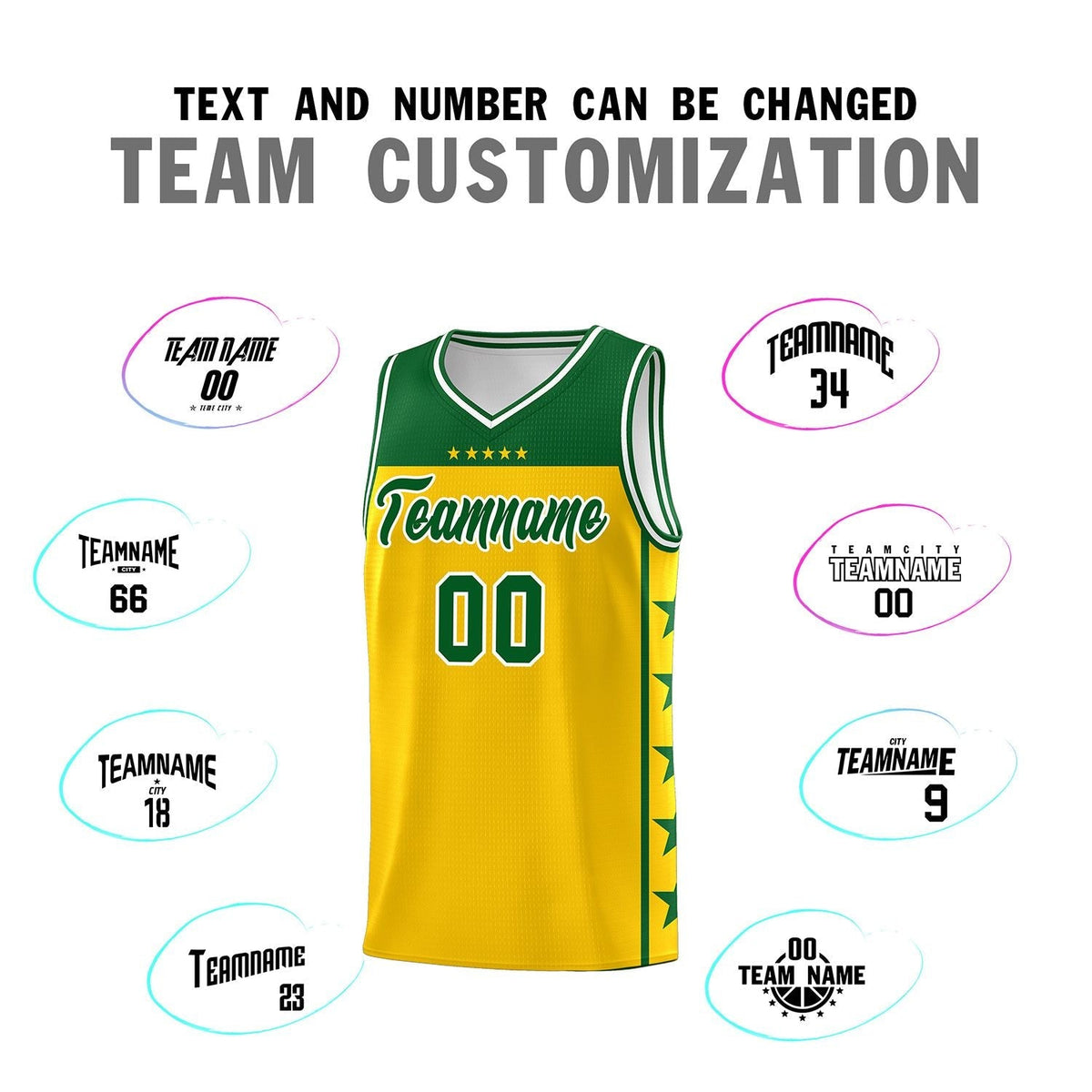 Custom Gold Kelly Green Personalized Star Pattern Sports Uniform Basketball Jersey