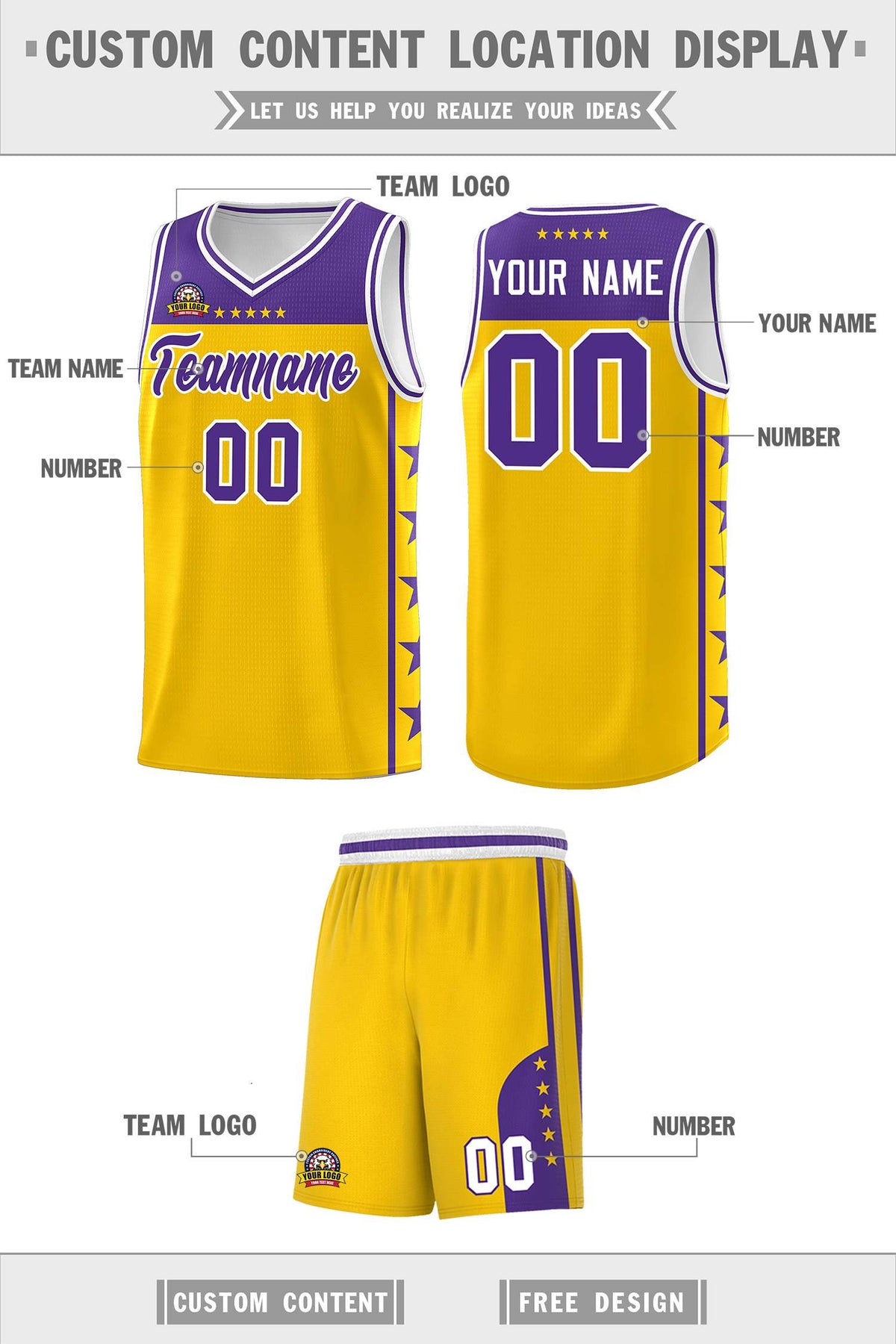 Custom Gold Purple Personalized Star Pattern Sports Uniform Basketball Jersey