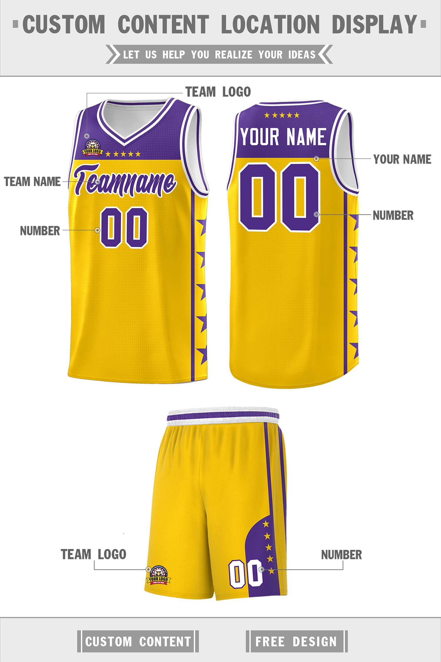 Custom Gold Purple Personalized Star Pattern Sports Uniform Basketball Jersey