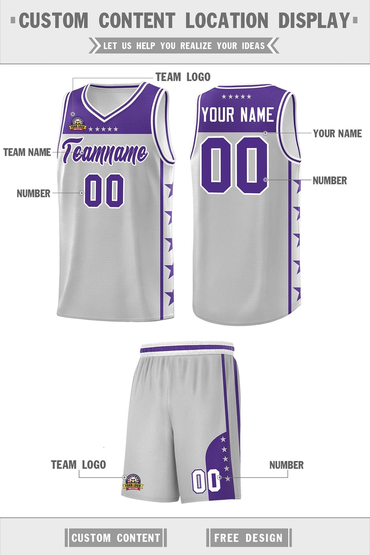 Custom Gray Purple Personalized Star Pattern Sports Uniform Basketball Jersey