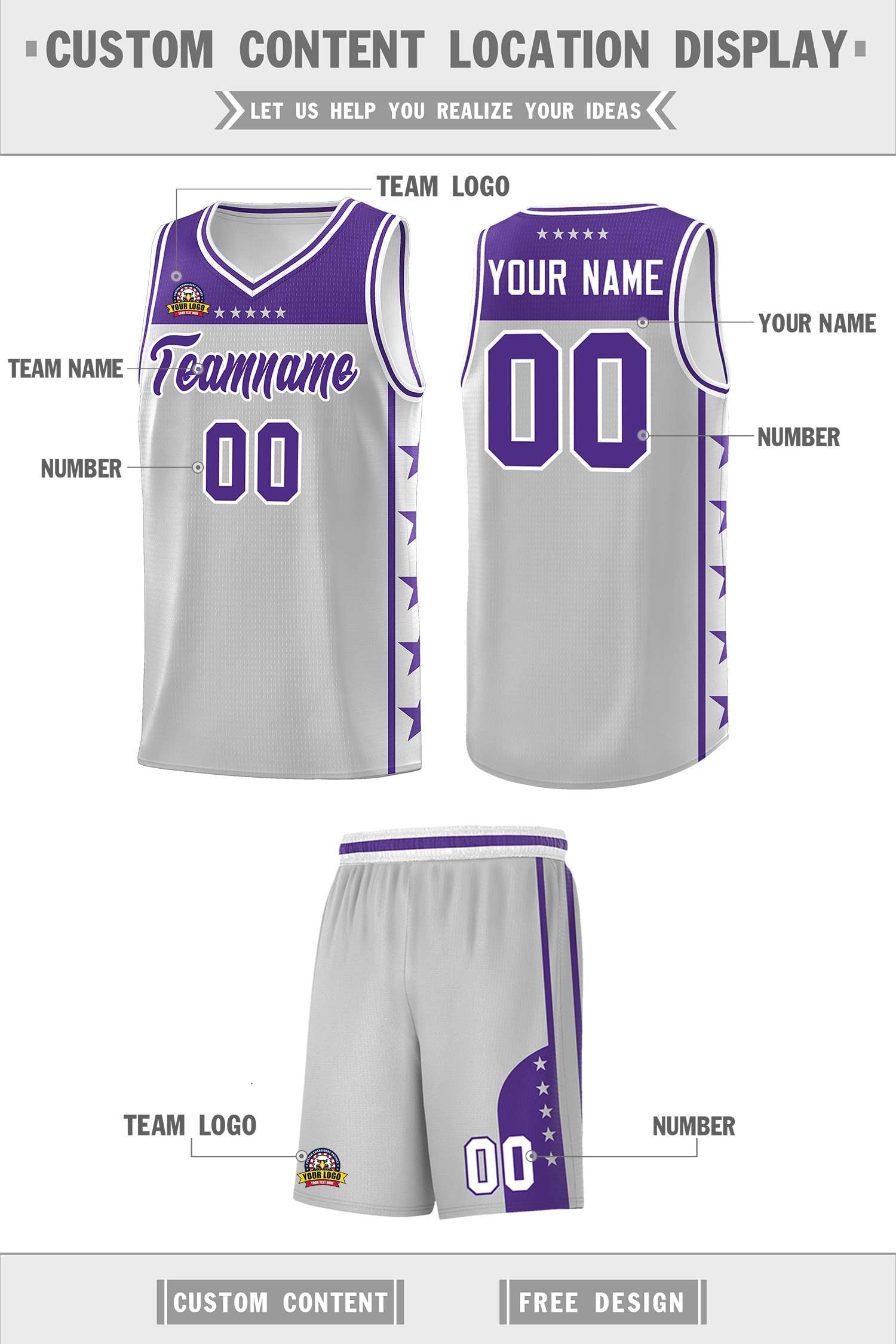 Custom Gray Purple Personalized Star Pattern Sports Uniform Basketball Jersey