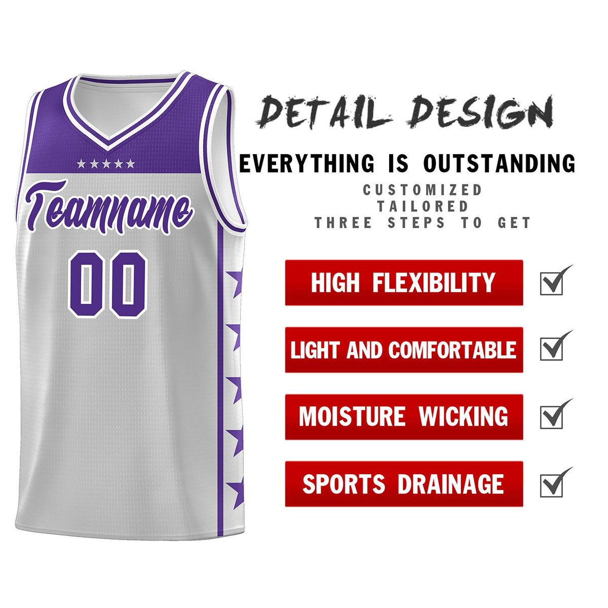 Custom Gray Purple Personalized Star Pattern Sports Uniform Basketball Jersey