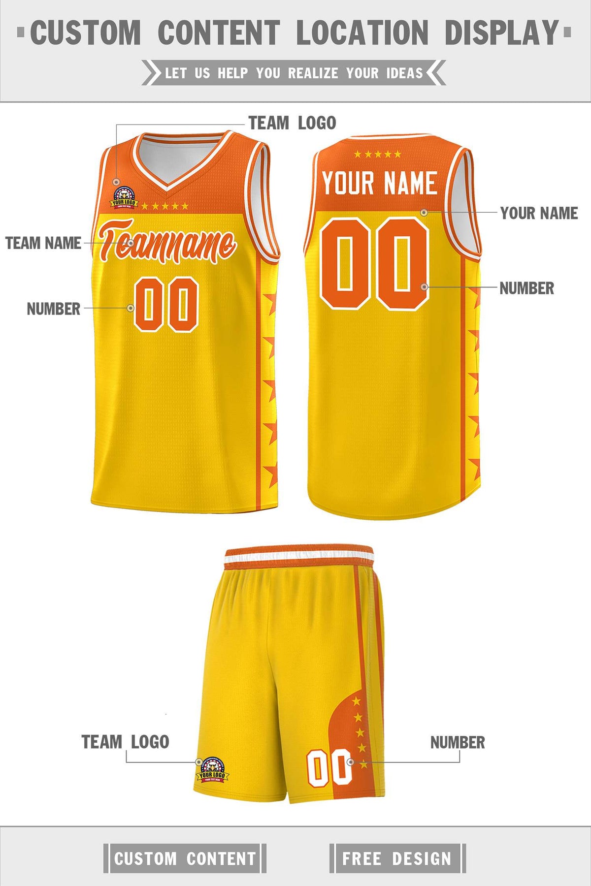 Custom Gold Orange Personalized Star Pattern Sports Uniform Basketball Jersey