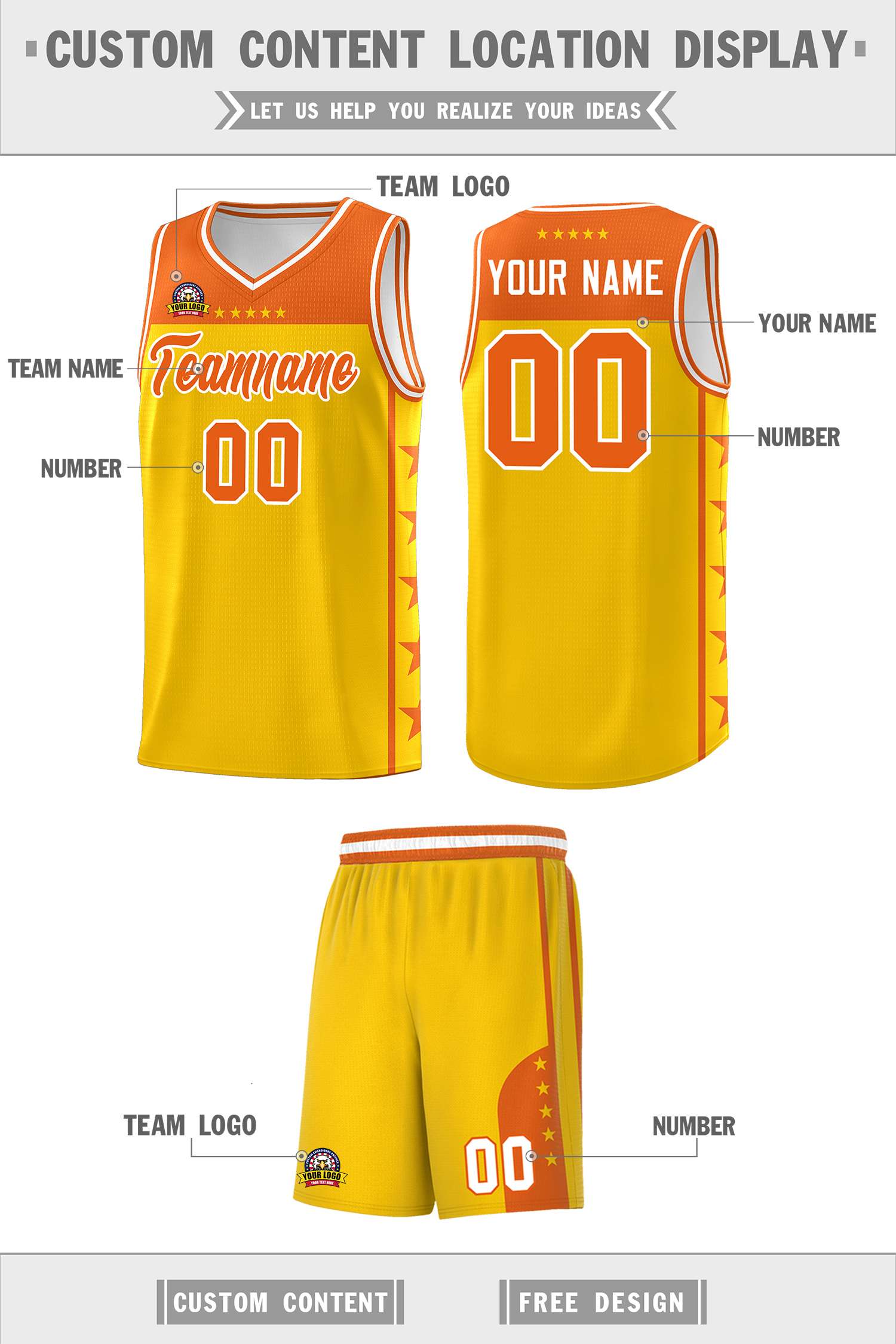 Custom Gold Orange Personalized Star Pattern Sports Uniform Basketball Jersey