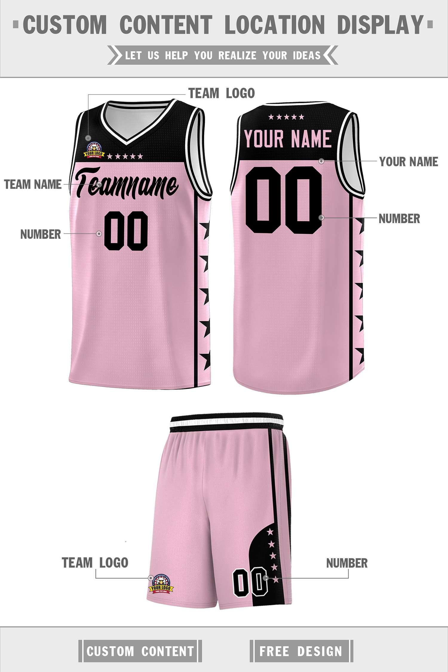 Custom Light Pink Black Personalized Star Pattern Sports Uniform Basketball Jersey