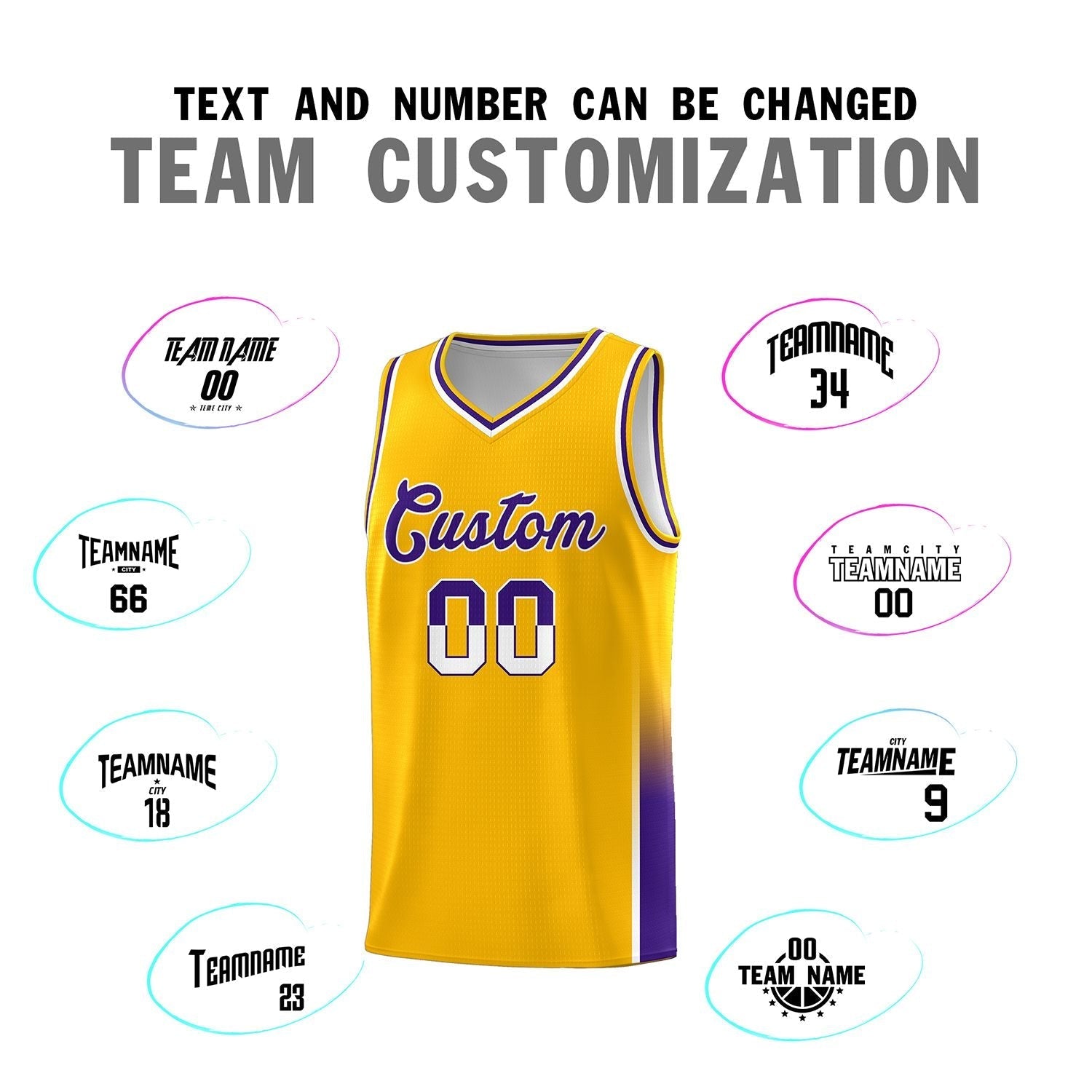 Custom Yellow White-Purple Personalized Two Tone Font Sports Uniform Basketball Jersey
