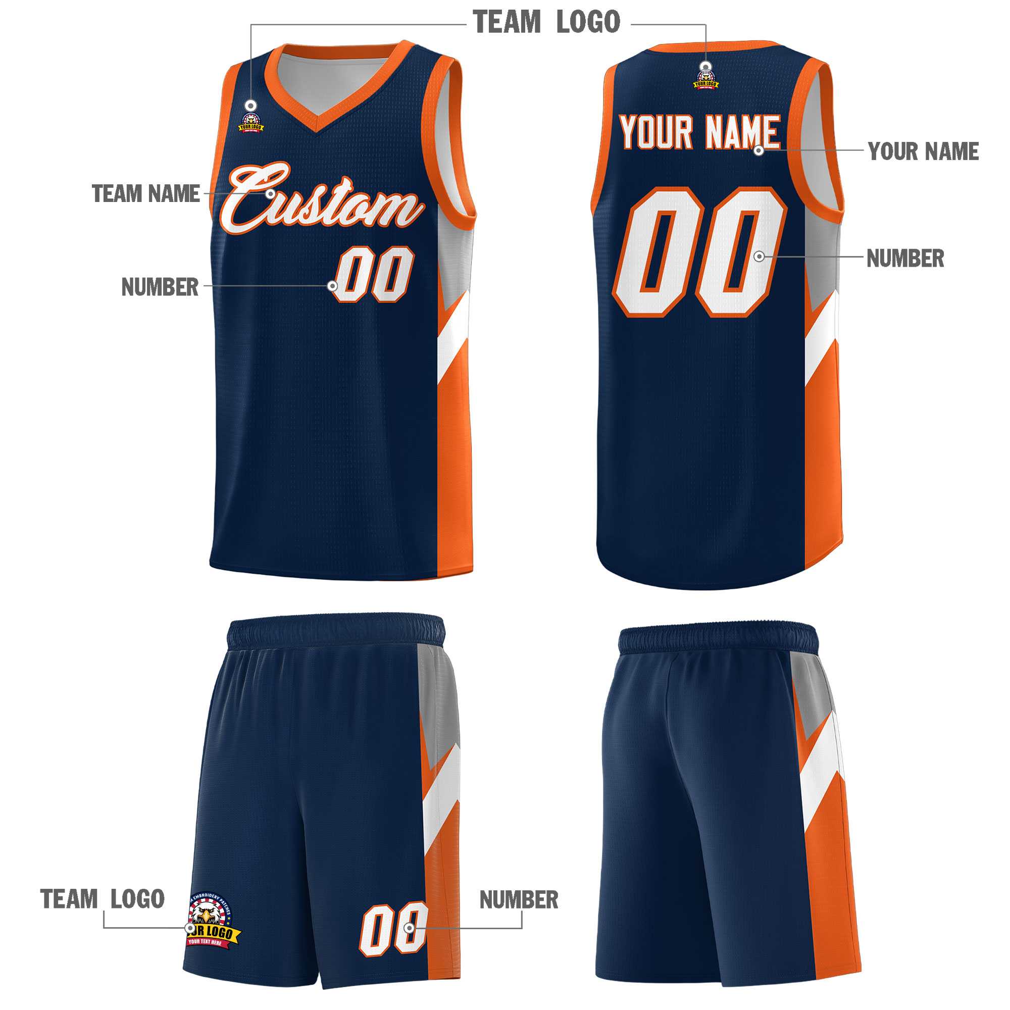 Custom Navy Orange Side Design Sets Sports Uniform Basketball Jersey