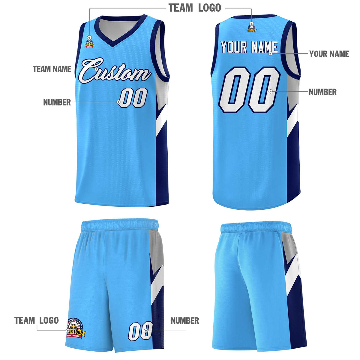 Custom Powder Blue Navy Side Design Sets Sports Uniform Basketball Jersey