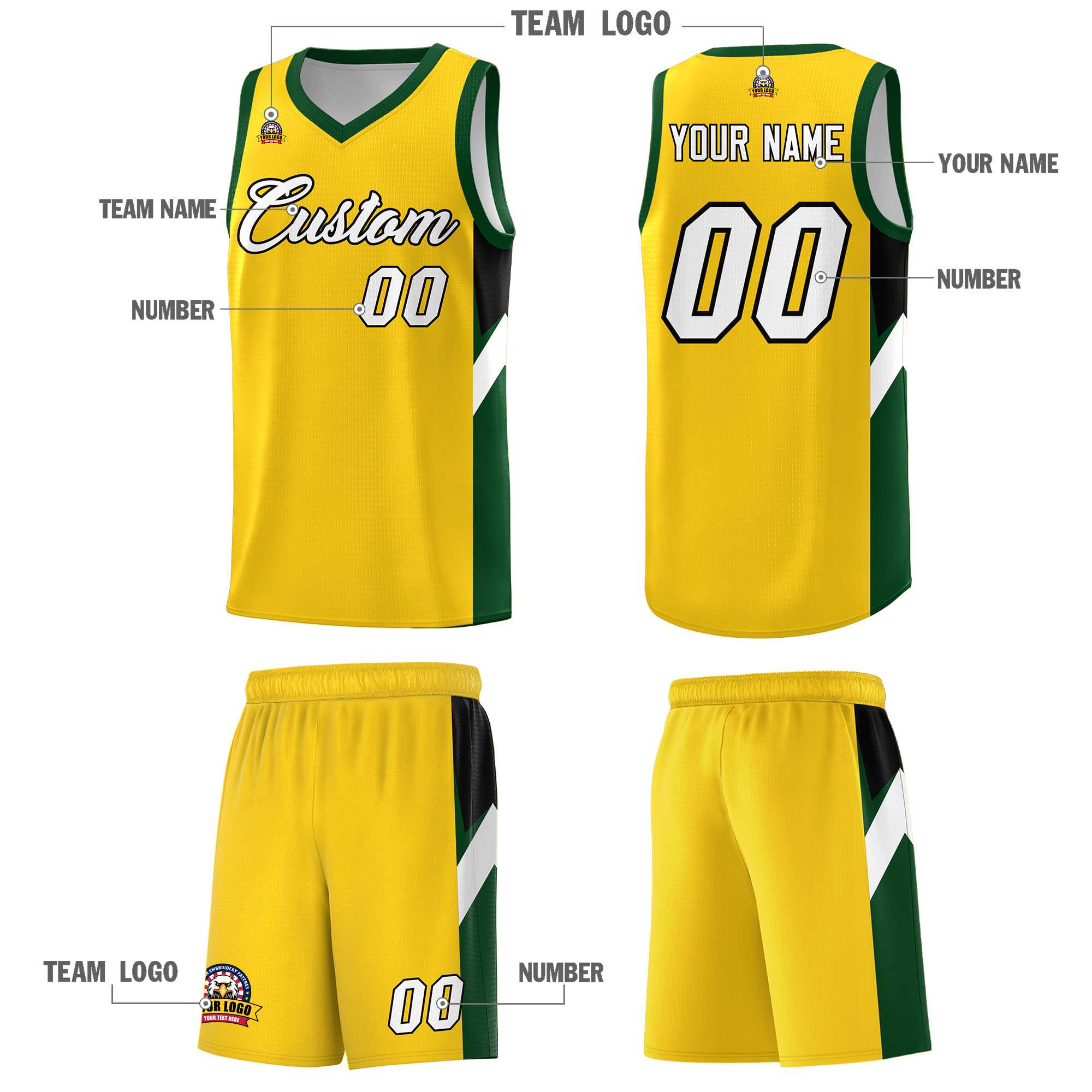 Custom Gold Hunter Green Side Design Sets Sports Uniform Basketball Jersey