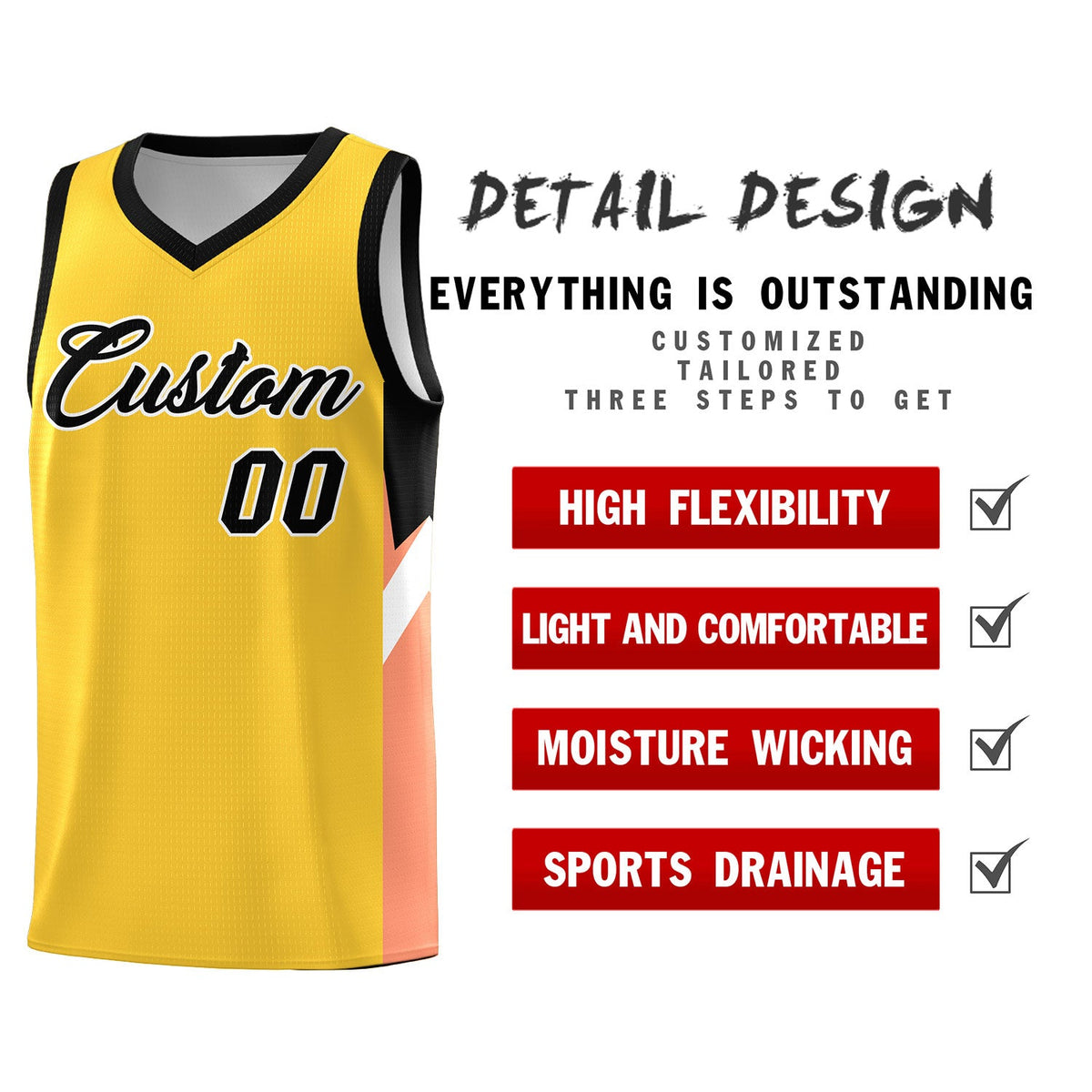Custom Gold Black Side Design Sets Sports Uniform Basketball Jersey