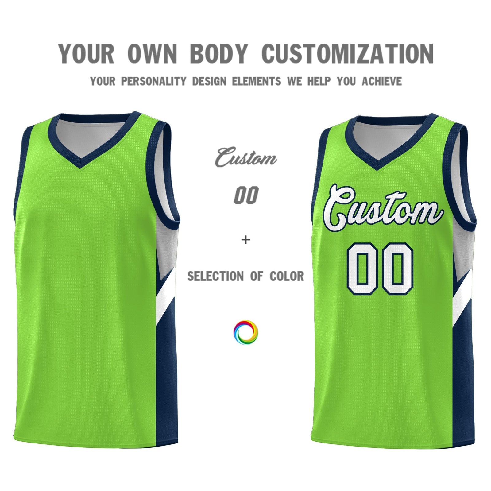 Custom Neon Green Navy Side Design Sets Sports Uniform Basketball Jersey