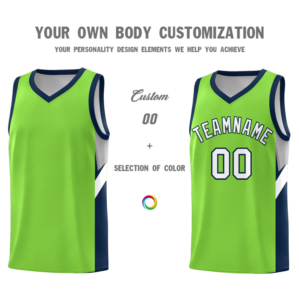 Custom Neon Green Navy Side Design Sets Sports Uniform Basketball Jersey