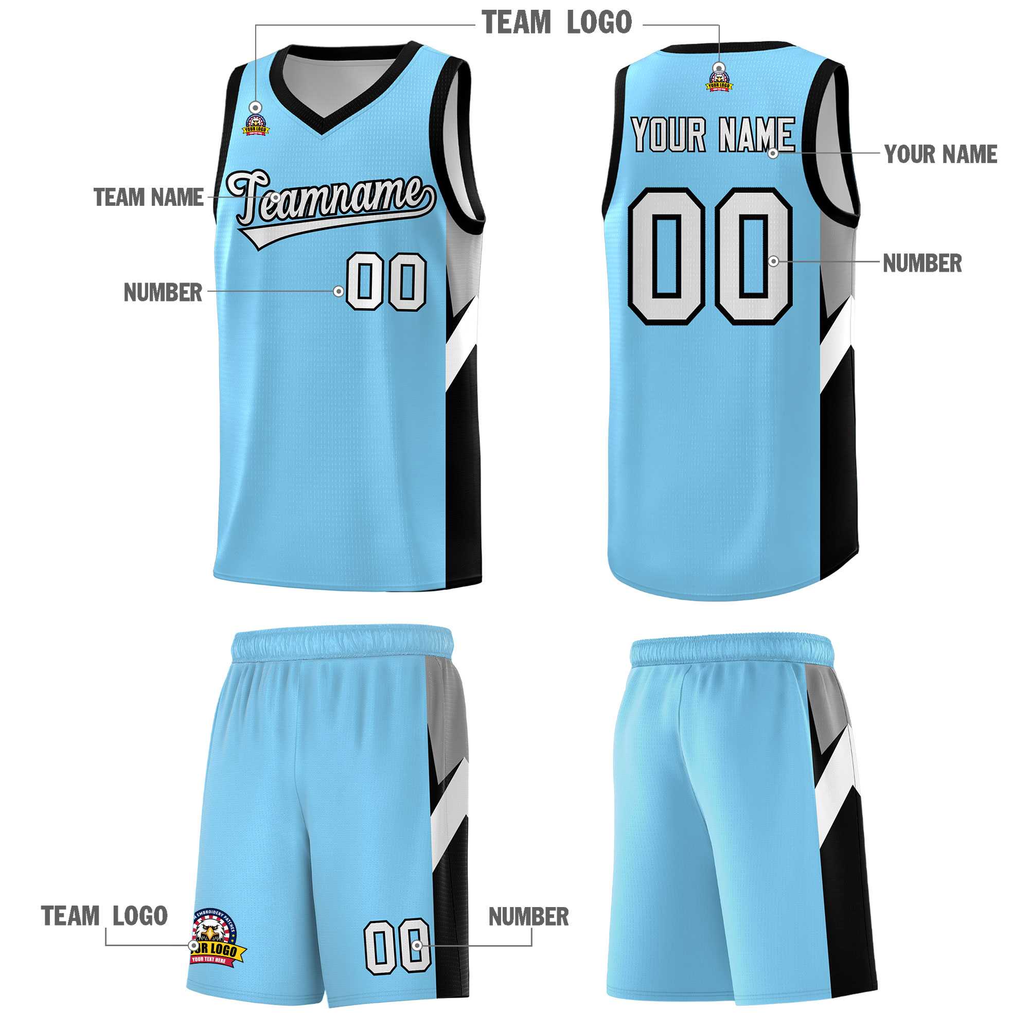 Custom Light Blue Black Side Design Sets Sports Uniform Basketball Jersey