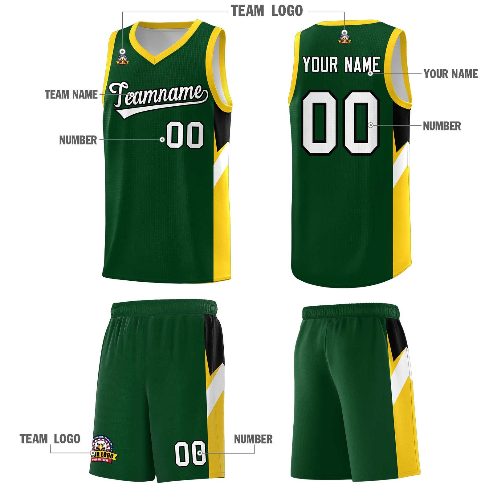 Custom Hunter Green Gold Side Design Sets Sports Uniform Basketball Jersey
