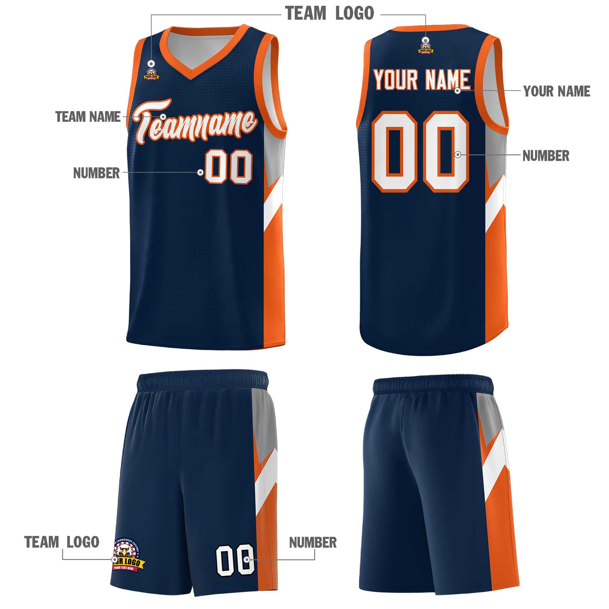 Custom Navy Orange Side Design Sets Sports Uniform Basketball Jersey