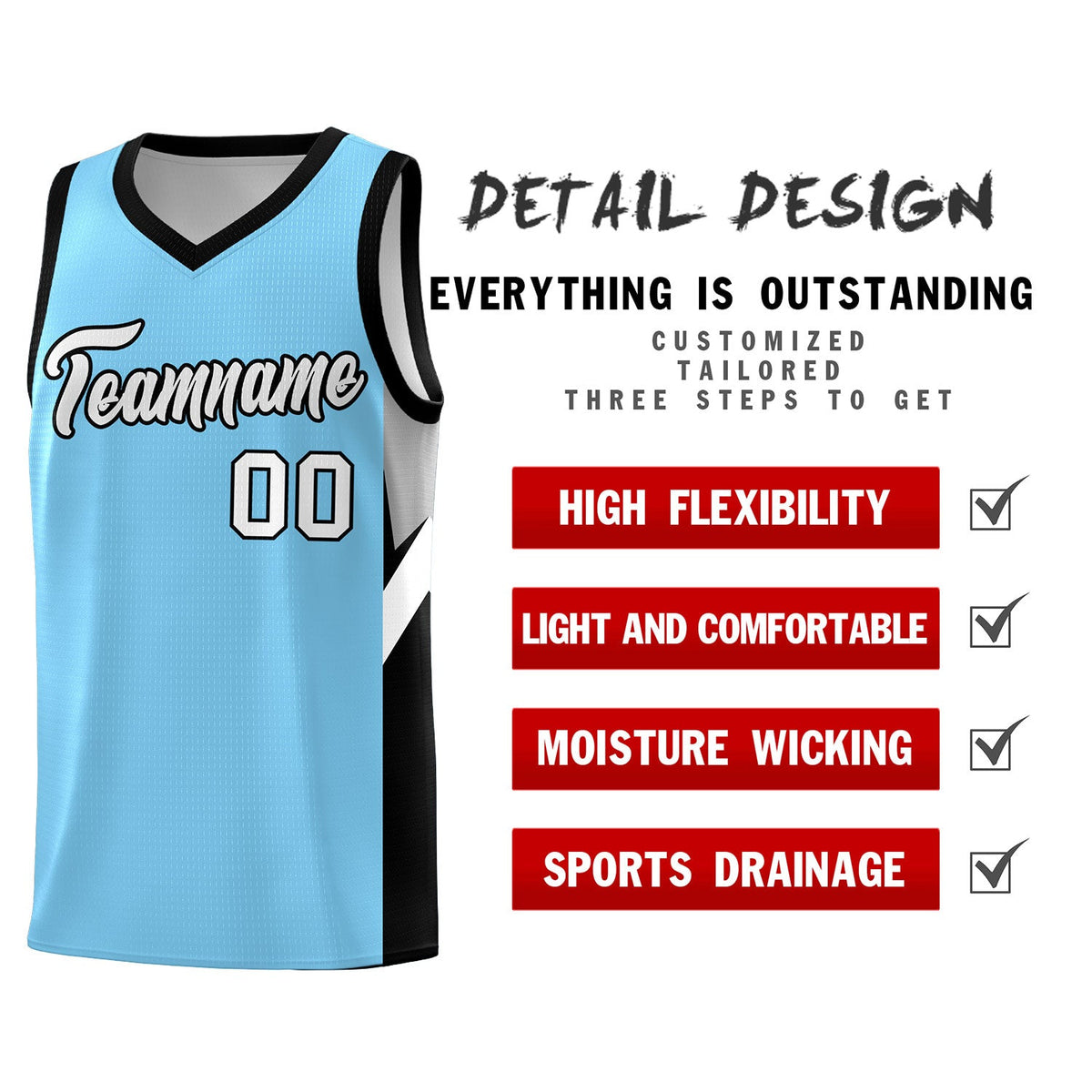 Custom Light Blue Black Side Design Sets Sports Uniform Basketball Jersey