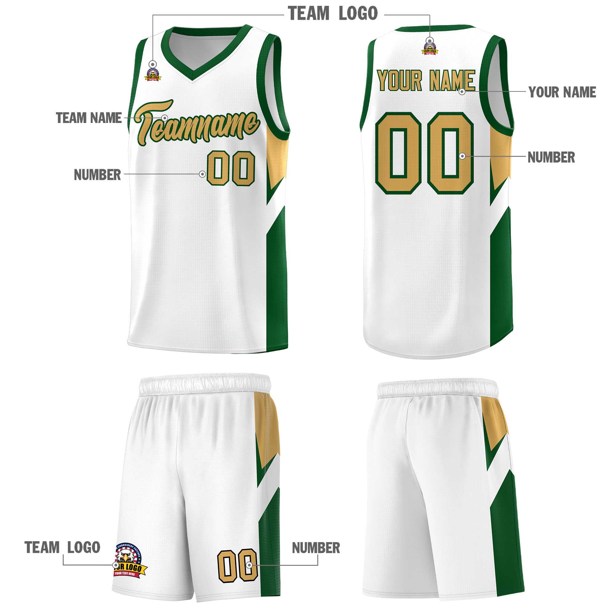 Custom White Green Side Design Sets Sports Uniform Basketball Jersey