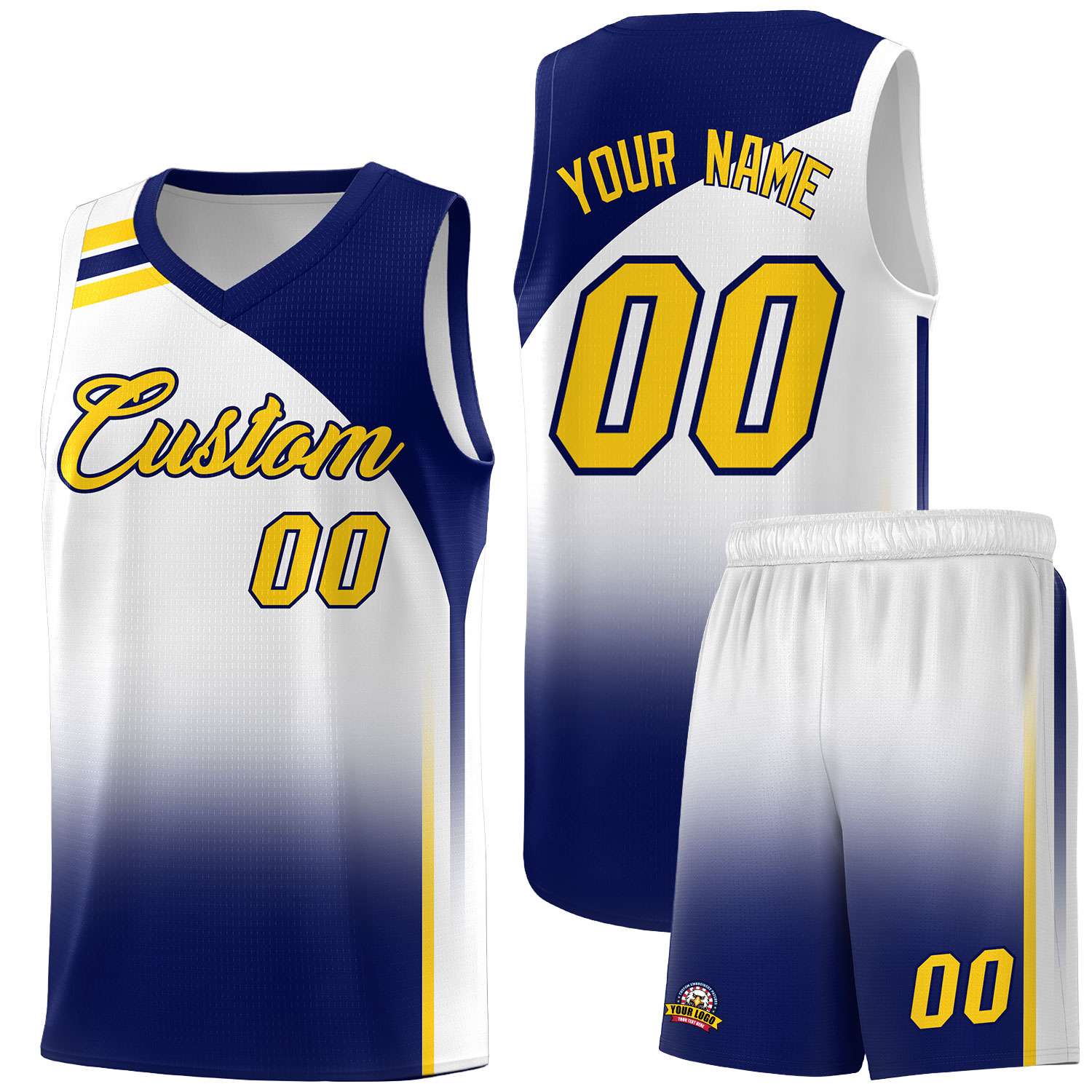 Custom White Navy Gradient Fashion Sets Sports Uniform Basketball Jersey