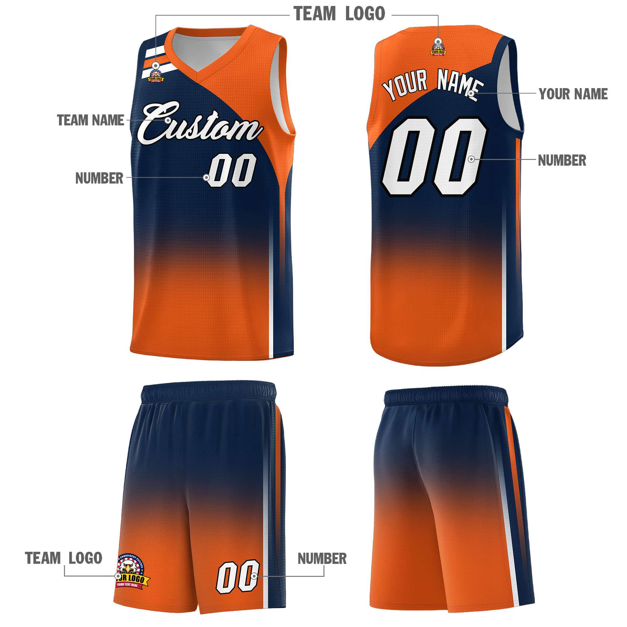 Custom Navy Orange Gradient Fashion Sets Sports Uniform Basketball Jersey
