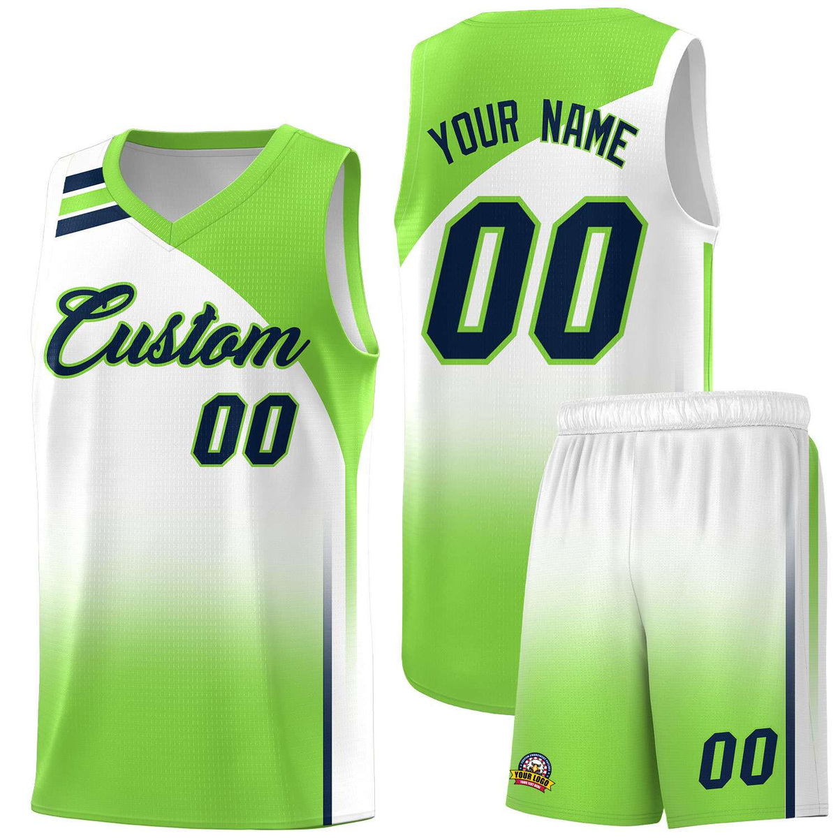 Custom White Fluorescent Green Gradient Fashion Sets Sports Uniform Basketball Jersey