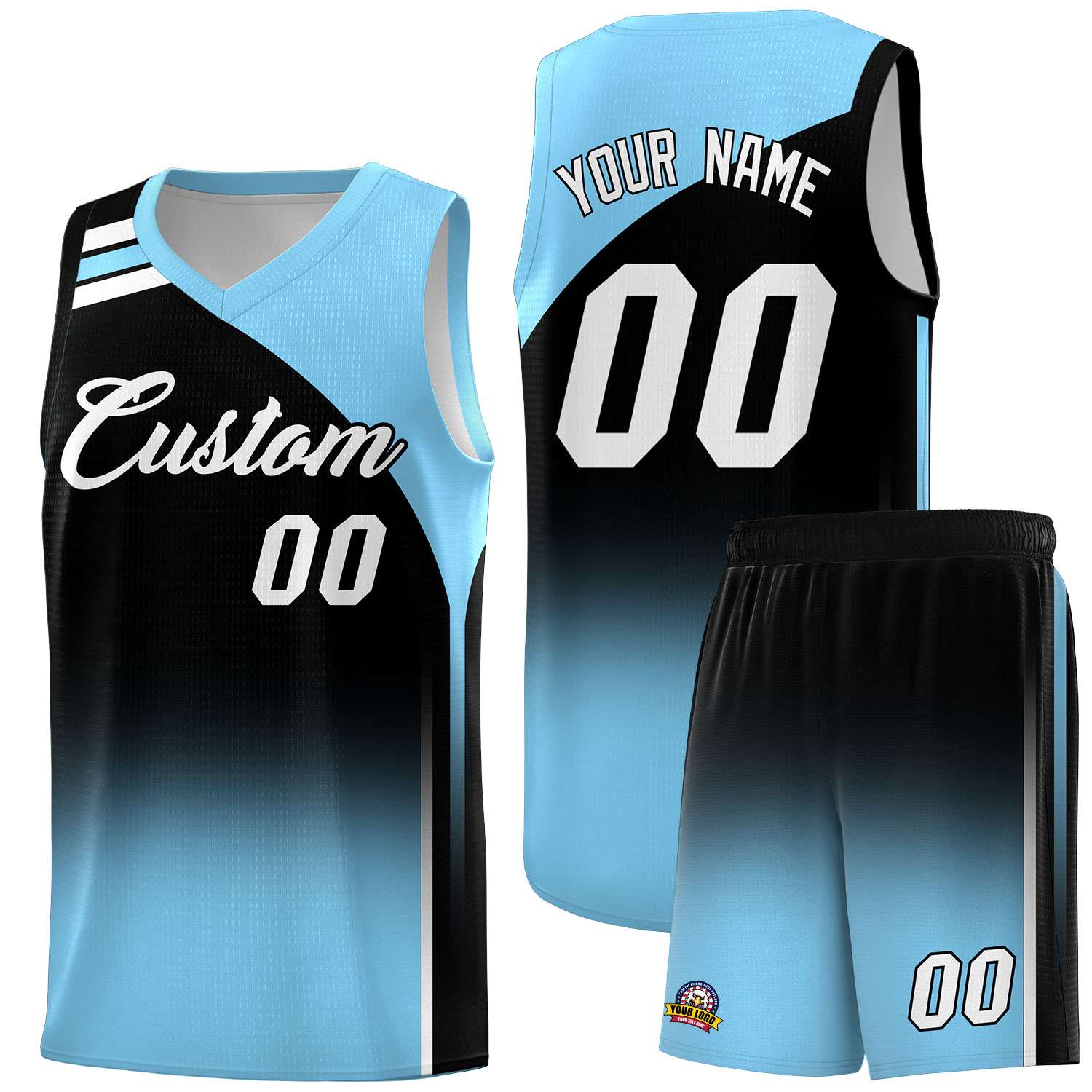 Custom Black Light Blue Gradient Fashion Sets Sports Uniform Basketball Jersey
