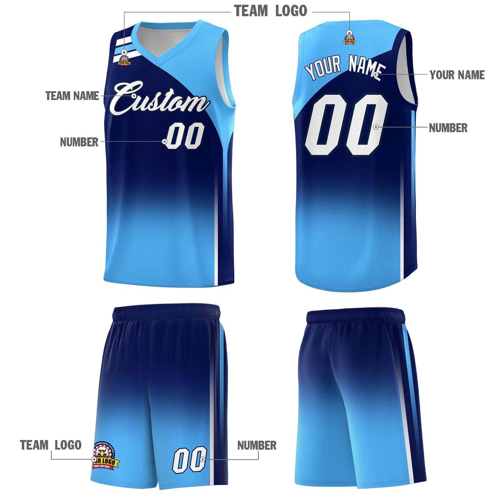 Custom Navy Powder Blue Gradient Fashion Sets Sports Uniform Basketball Jersey
