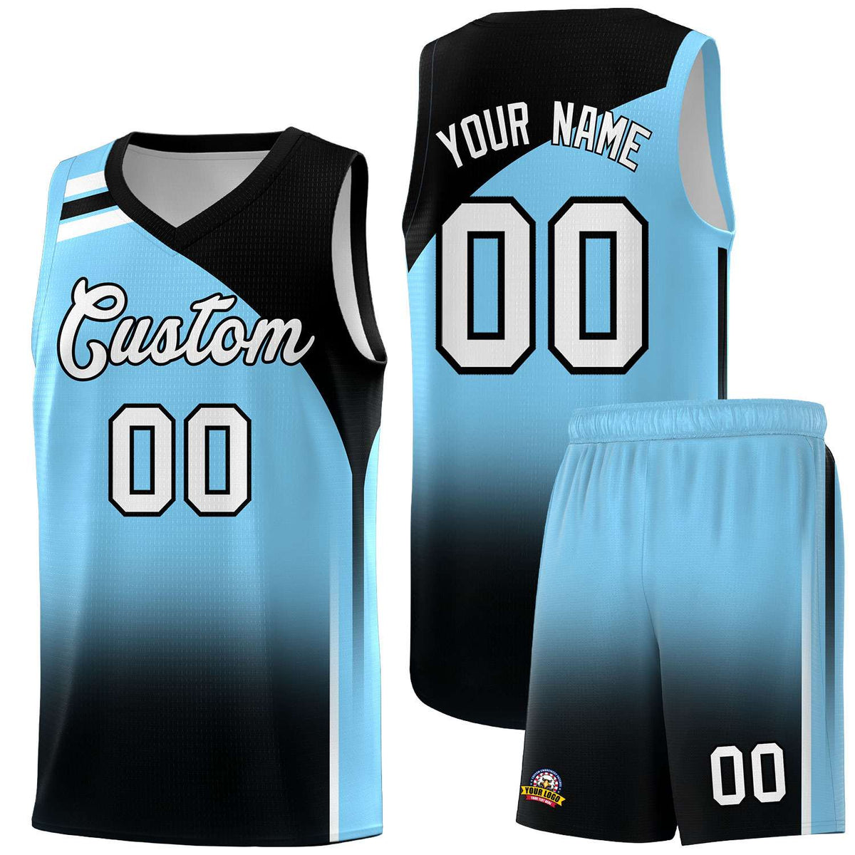 Custom Light Blue Black Gradient Fashion Sets Sports Uniform Basketball Jersey