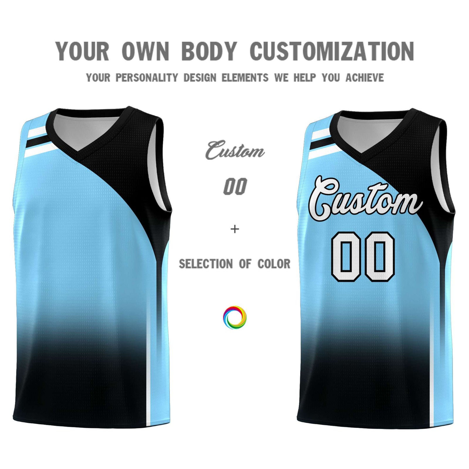Custom Light Blue Black Gradient Fashion Sets Sports Uniform Basketball Jersey