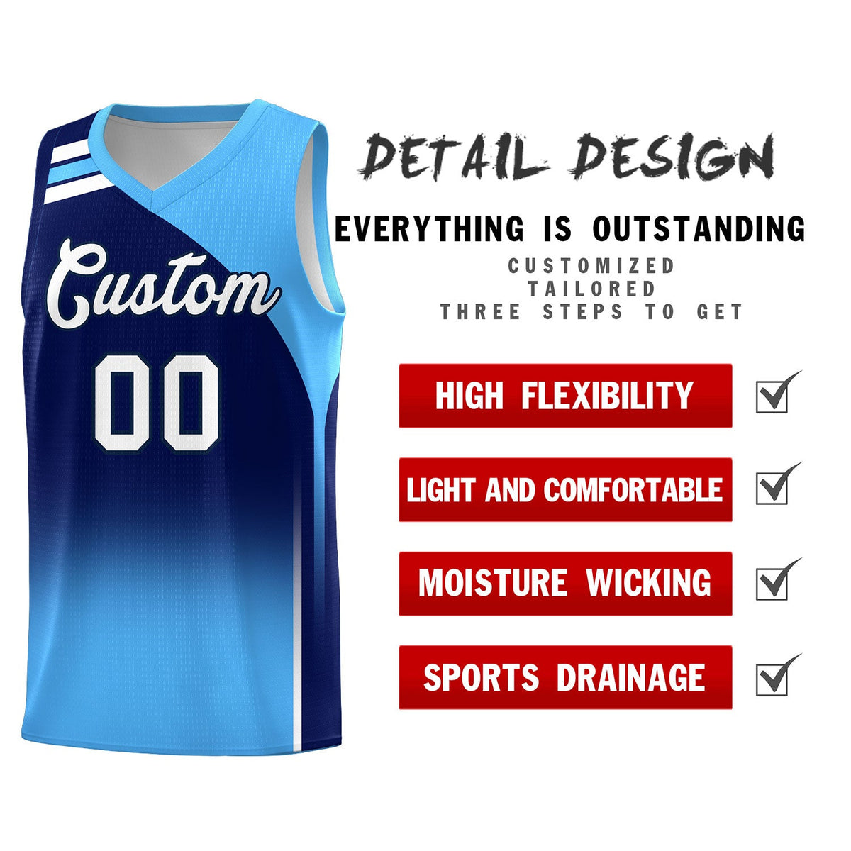 Custom Navy Powder Blue Gradient Fashion Sets Sports Uniform Basketball Jersey