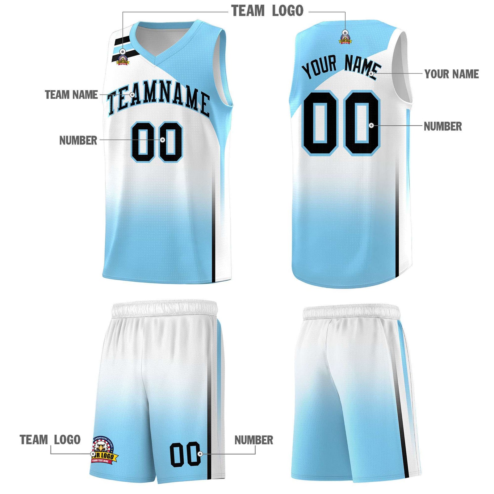 Custom Light Blue White Gradient Fashion Sets Sports Uniform Basketball Jersey