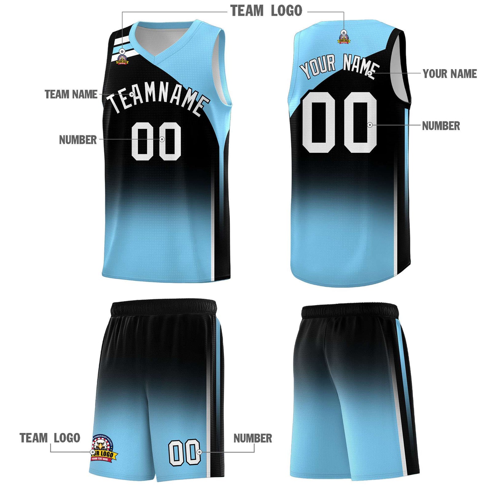 Custom Black Light Blue Gradient Fashion Sets Sports Uniform Basketball Jersey