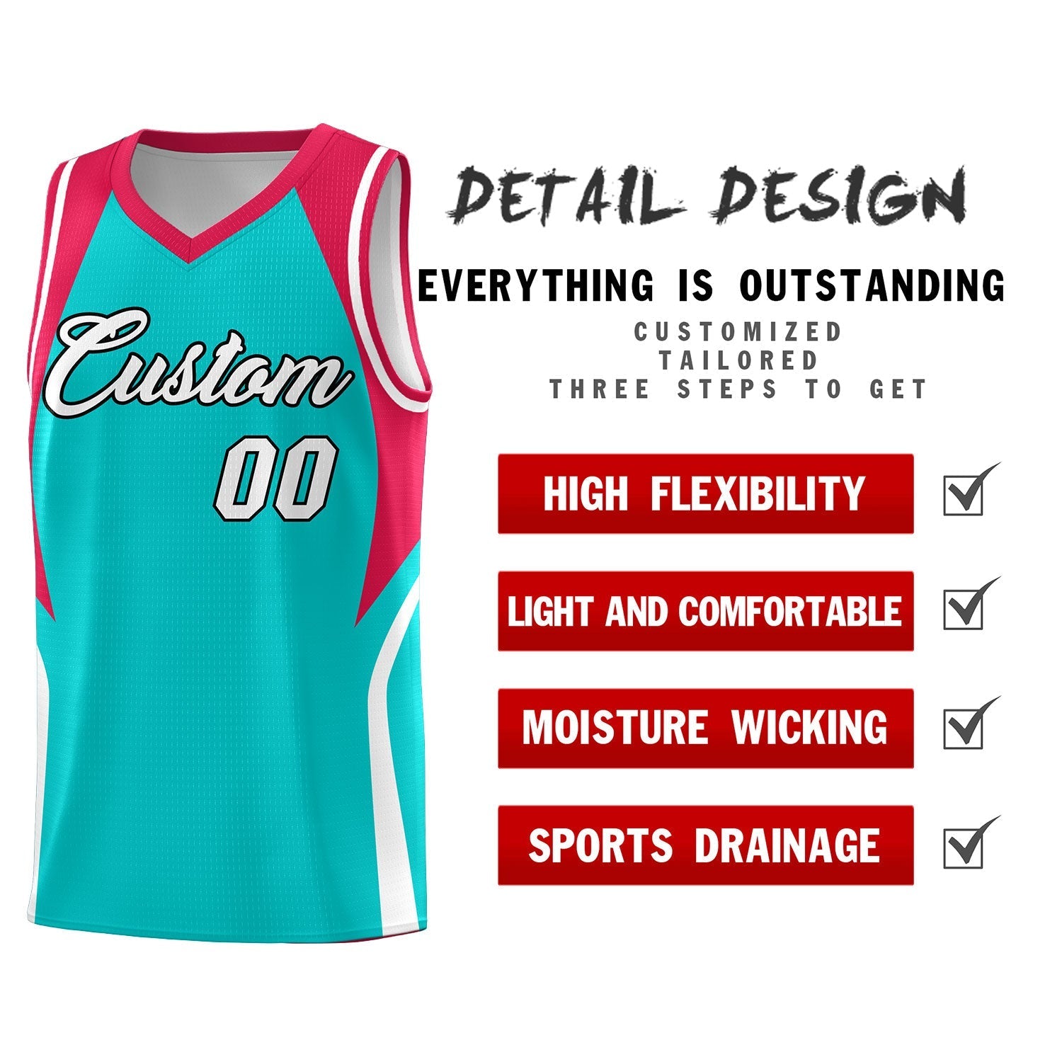 Custom Aqua Red and White Color Block Sports Uniform Basketball Jersey