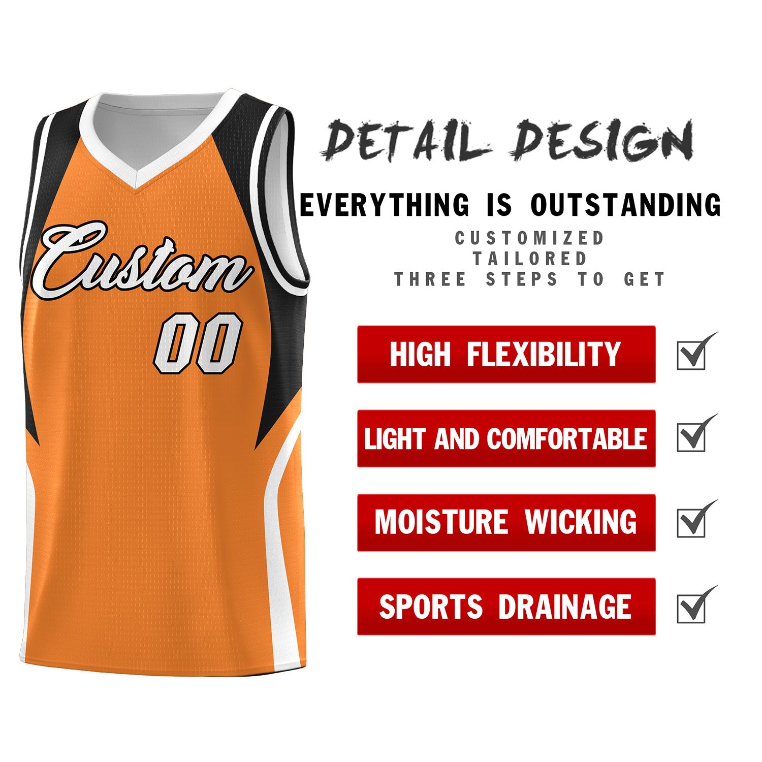 Custom Gold Orange Black and White Color Block Sports Uniform Basketball Jersey