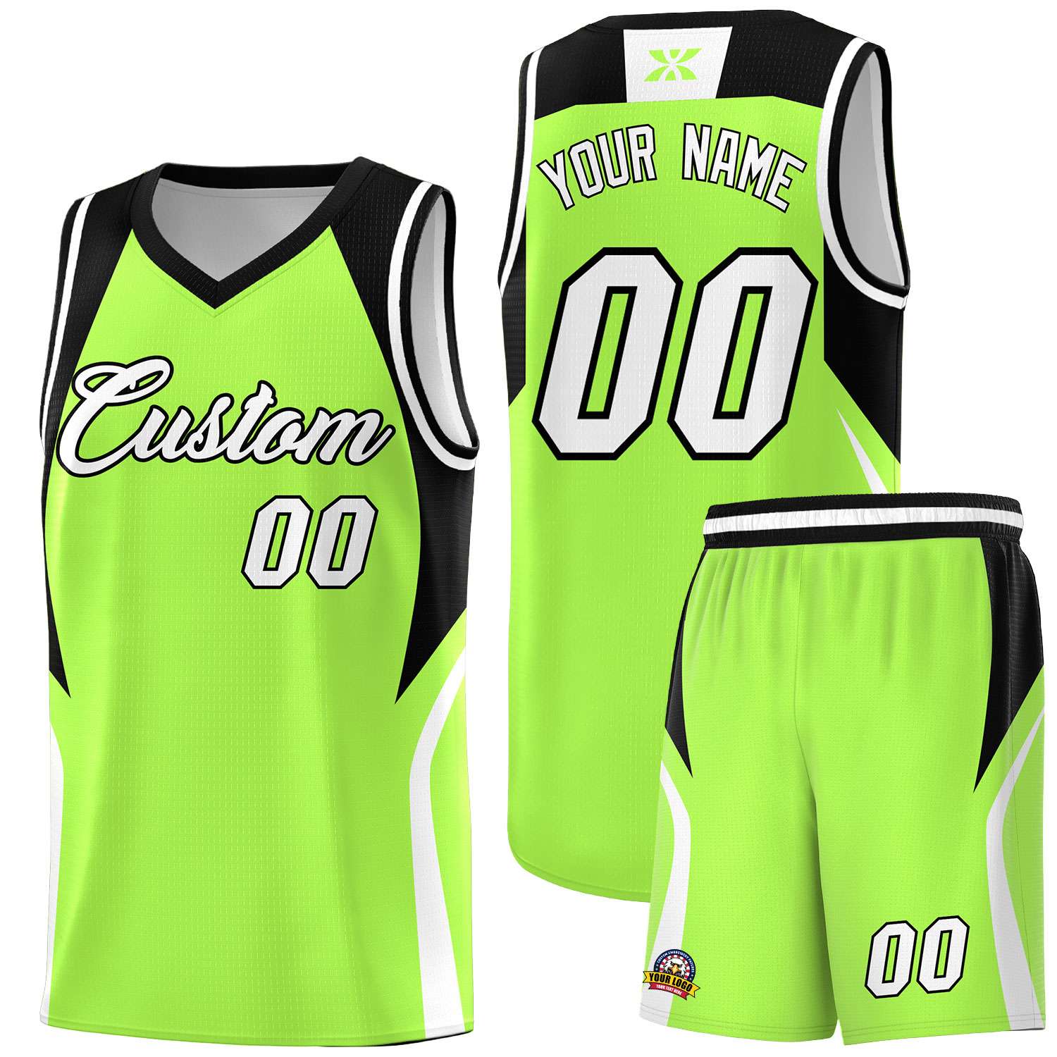 Custom Fluorescent Green Black and White Color Block Sports Uniform Basketball Jersey