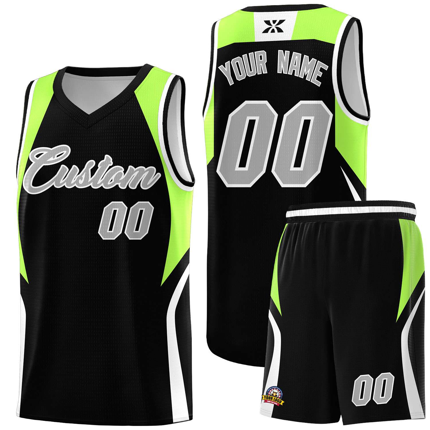 Custom Black Fluorescent Green and White Color Block Sports Uniform Basketball Jersey