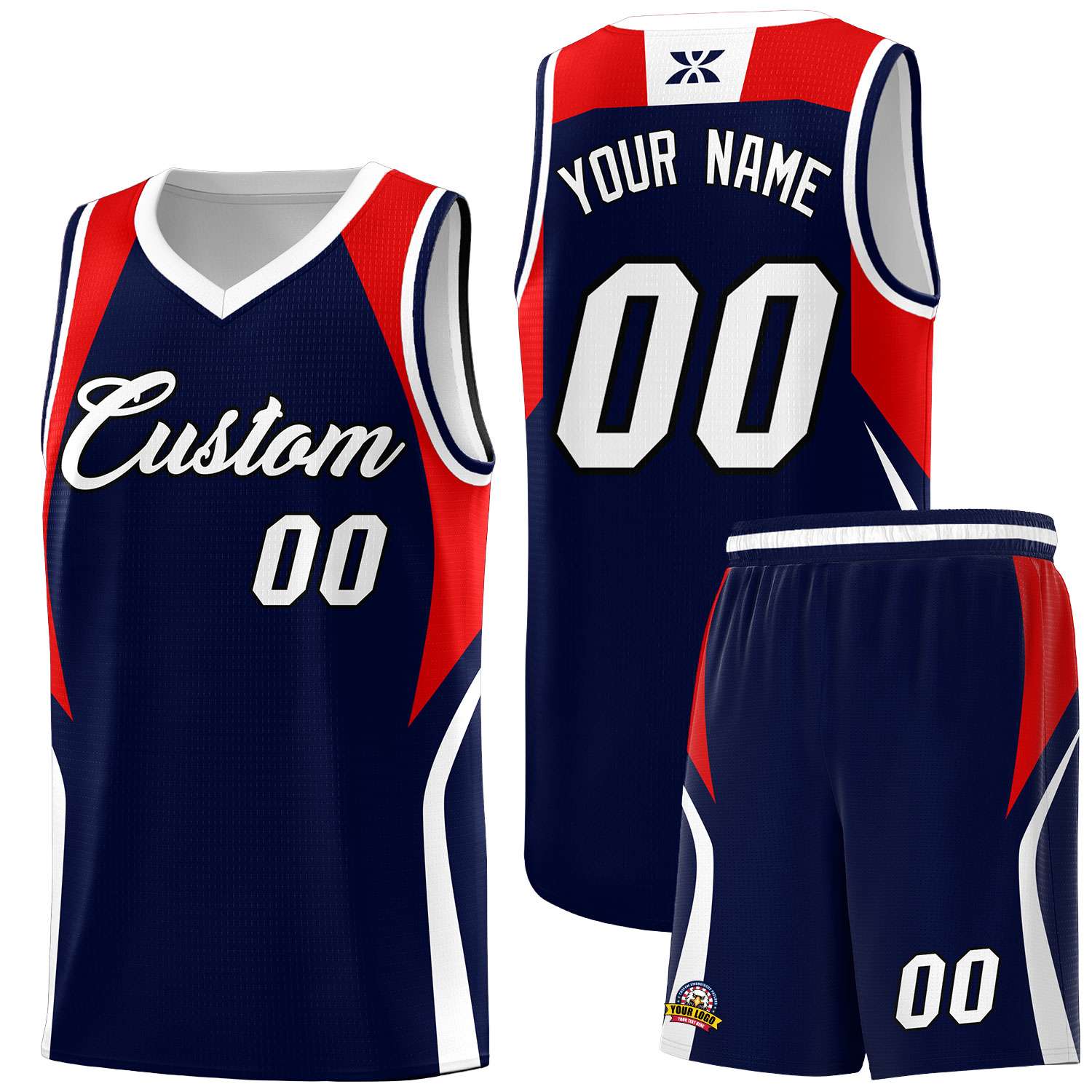 Custom Navy Red and White Color Block Sports Uniform Basketball Jersey