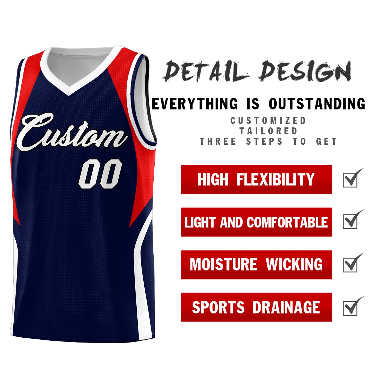 Custom Navy Red and White Color Block Sports Uniform Basketball Jersey