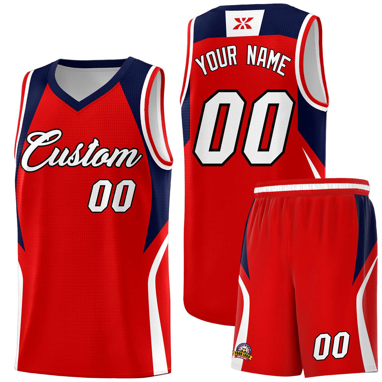 Custom Red Navy and White Color Block Sports Uniform Basketball Jersey